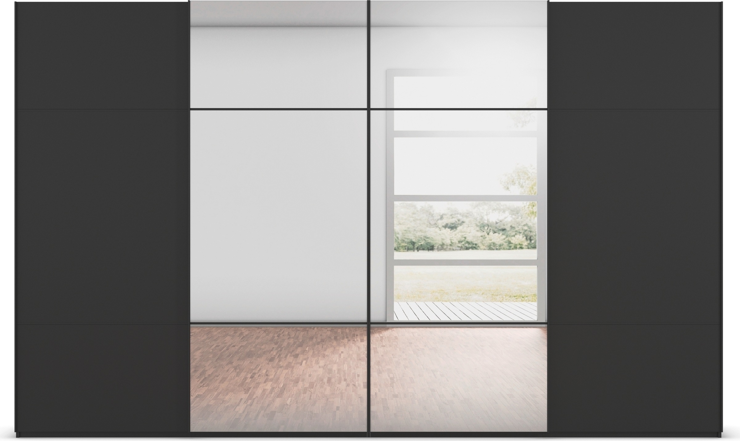 rauch Schwebetürenschrank »Kleiderschrank Schrank Garderobe Schlafzimmerschrank SCALE-TRIO«, edle dreigeteilte Front mit 2 Zierleisten und Spiegel MADE IN GERMANY
