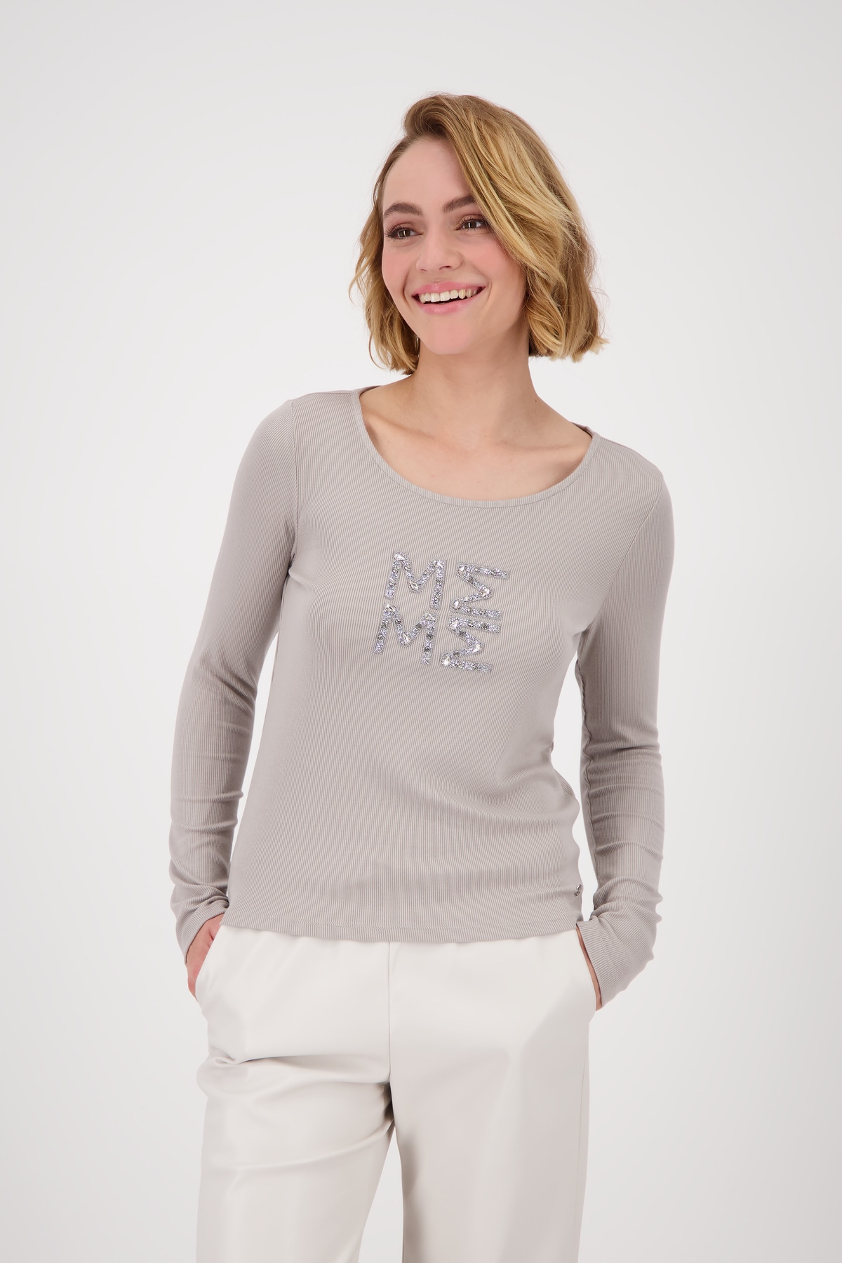 Monari Langarmshirt "Shirt Rippe + Schmuck", Mit Rundhalsausschnitt günstig online kaufen