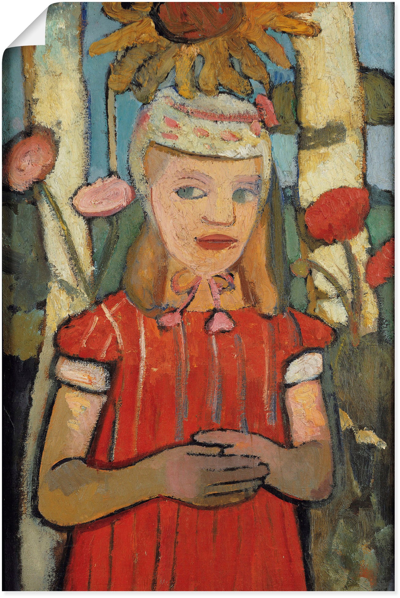 Artland Wandbild in von BAUR Kindern, Bilder Poster St.), versch. kaufen »Mädchen (1 als rotem Sonnenblume.«, | Wandaufkleber Kleid Größen oder Alubild, vor in Leinwandbild