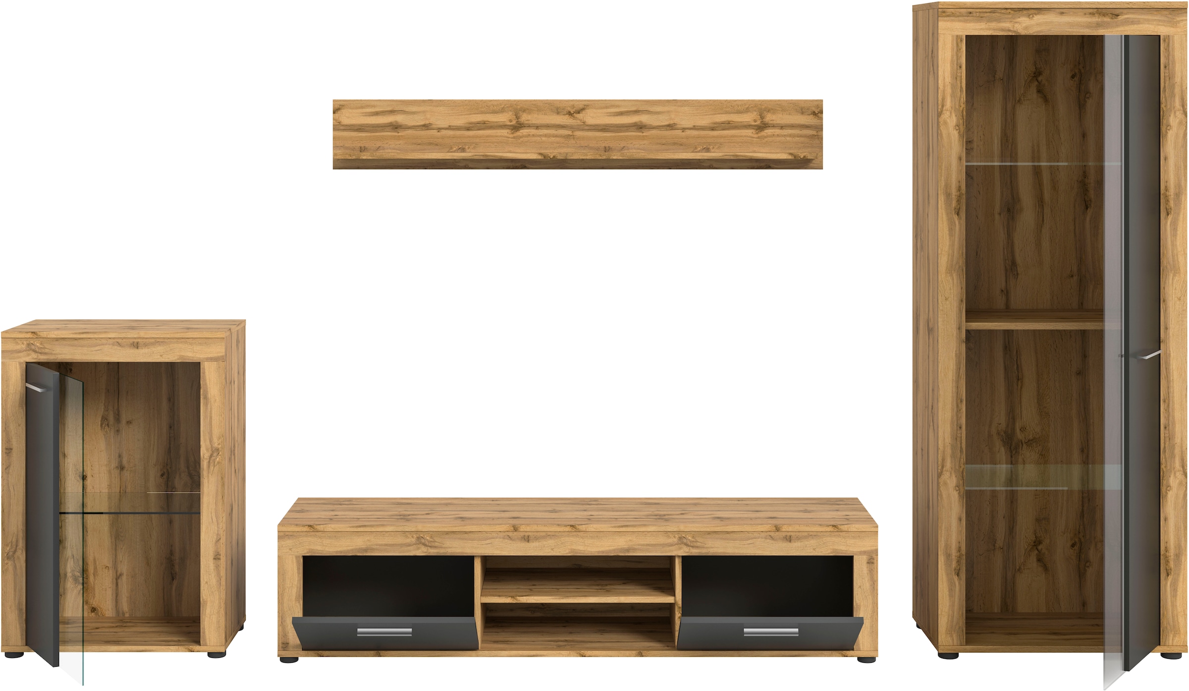 INOSIGN Wohnwand »Aosta, 4-tlg., best. aus: Vitrine, Lowboard, Wandboard & Vitrine hoch«, (4 St.), Wohnwand, Kombination, Anbauwand, Möbel Set, Schrankwand, Möbel Kombi