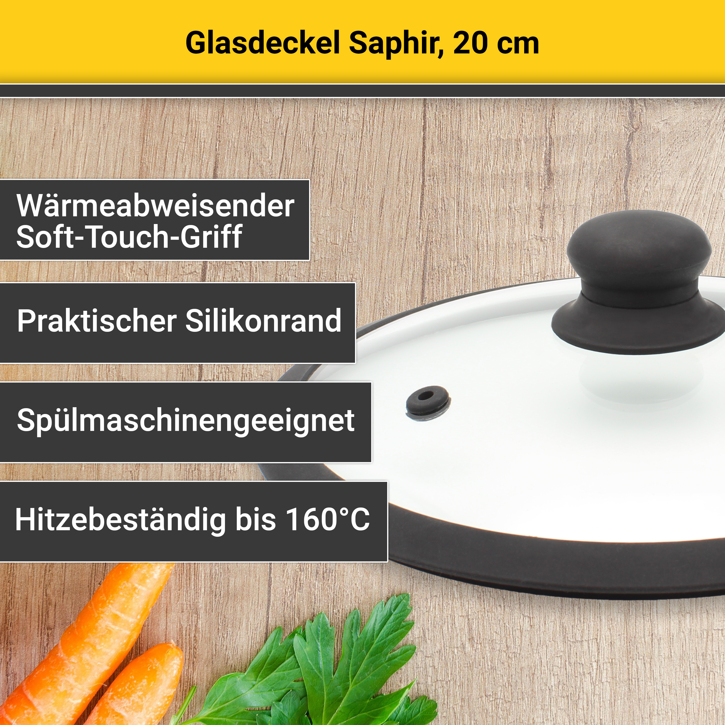 Thumbnail - Krüger Deckel "Glasdeckel Saphir mit Soft-Touch-Knopf" hitzebeständig bis 160C und spülmaschinengeeignet