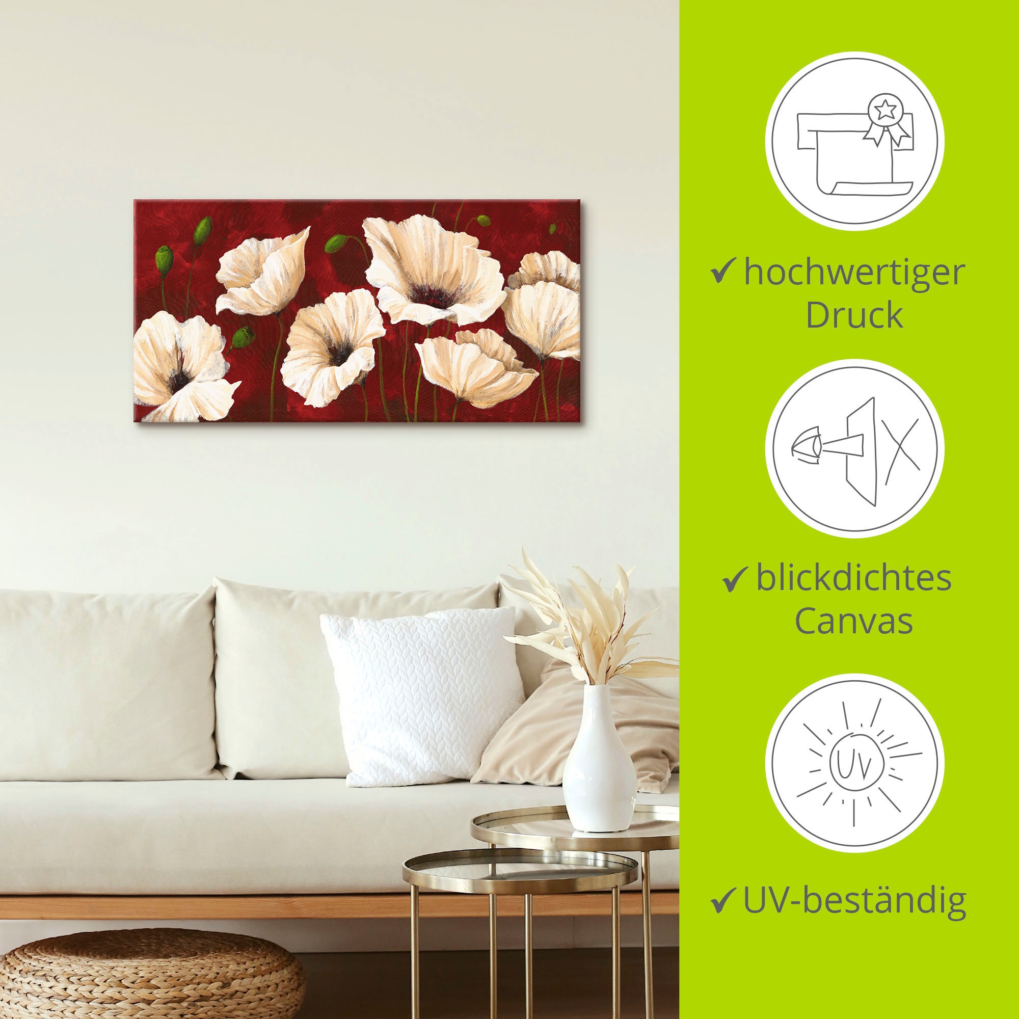 Artland Wandbild »Weiße Mohnblumen vor rot«, Blumen, (1 St.), als Alubild, Outdoorbild, Leinwandbild, Poster, Wandaufkleber