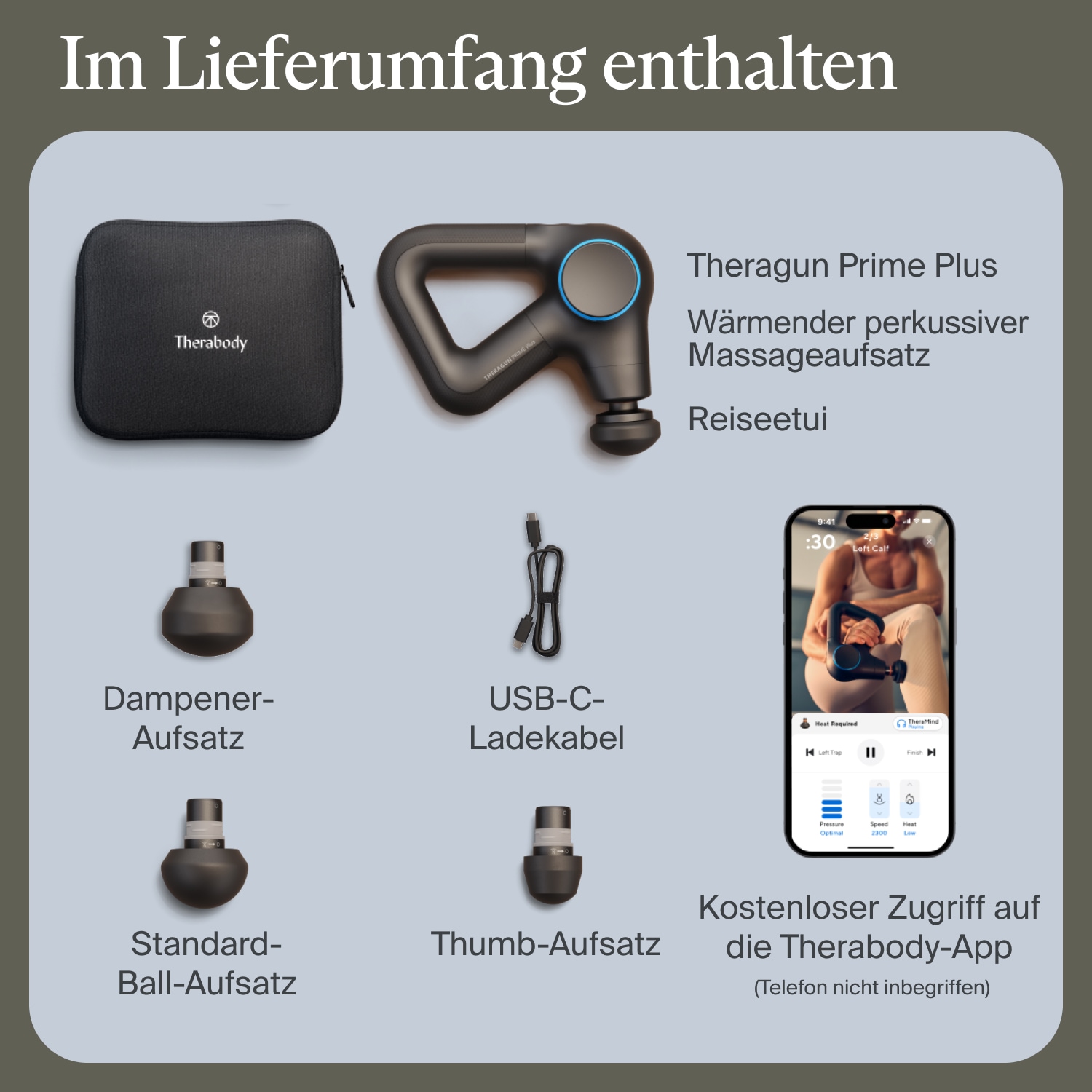 Therabody Massagepistole »Theragun Prime Plus Regeneration durch Perkussive Massage und Wärme«, wissensch. Erwiesen, 4 Aufsätze, App-Steuerung