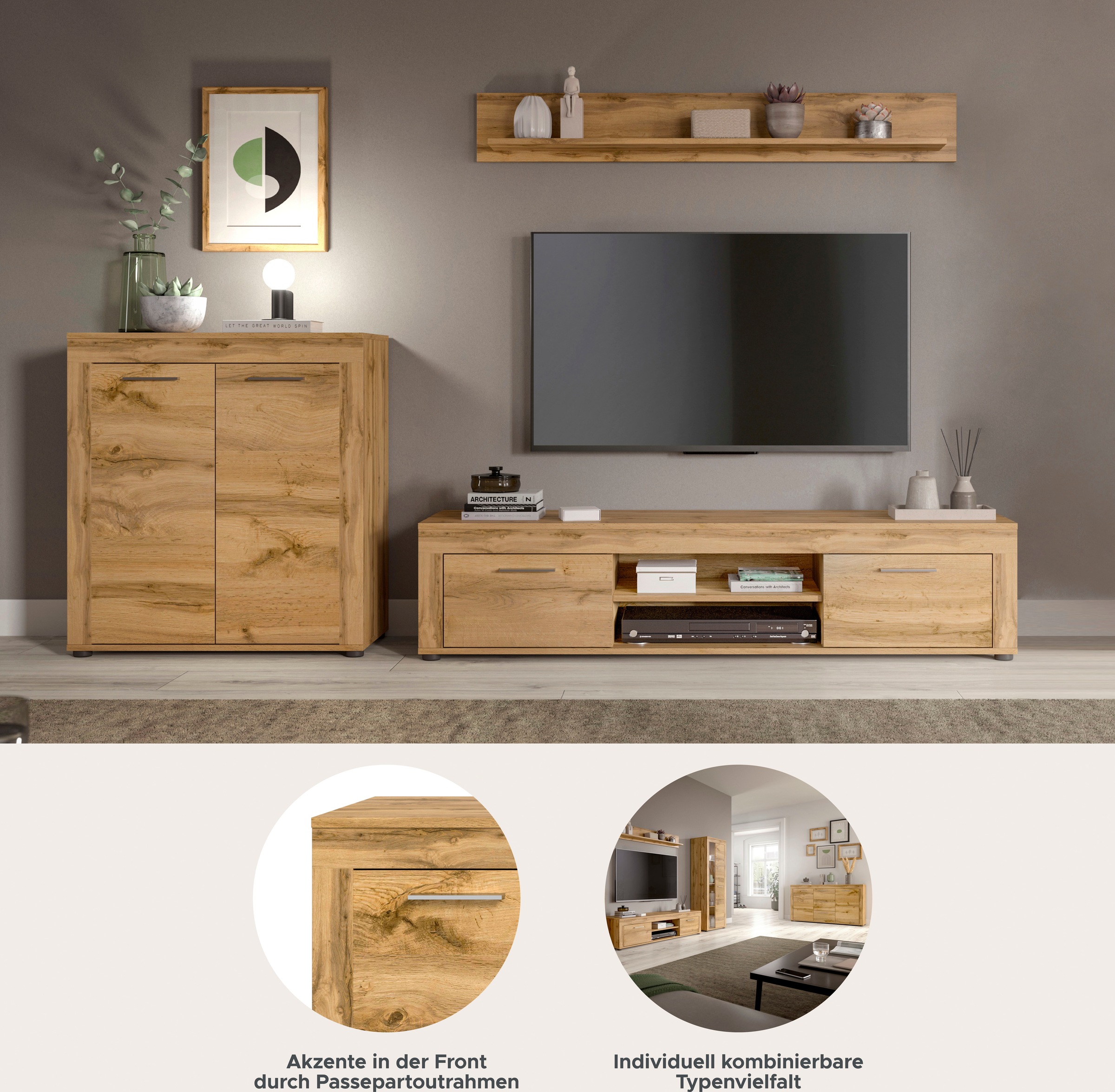 Thumbnail - INOSIGN Wohnwand "Aosta, Breite 255cm, bestehend aus Highboard, Lowboard, Wandboard", (3 St.), Wohnwand, Kombination, An...