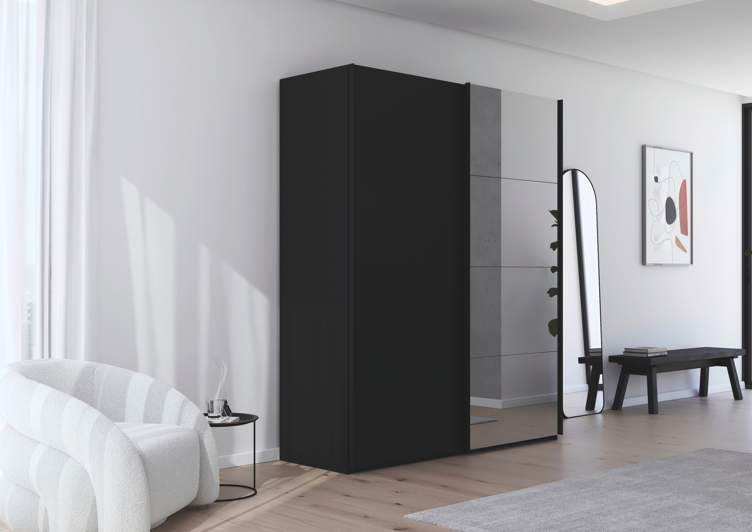 rauch Schwebetürenschrank »Kleiderschrank Schrank Garderobe Schlafzimmerschrank SCALE-FYRA«, edle viergeteilte Türen mit Spiegel und vielen Farben MADE IN GERMANY