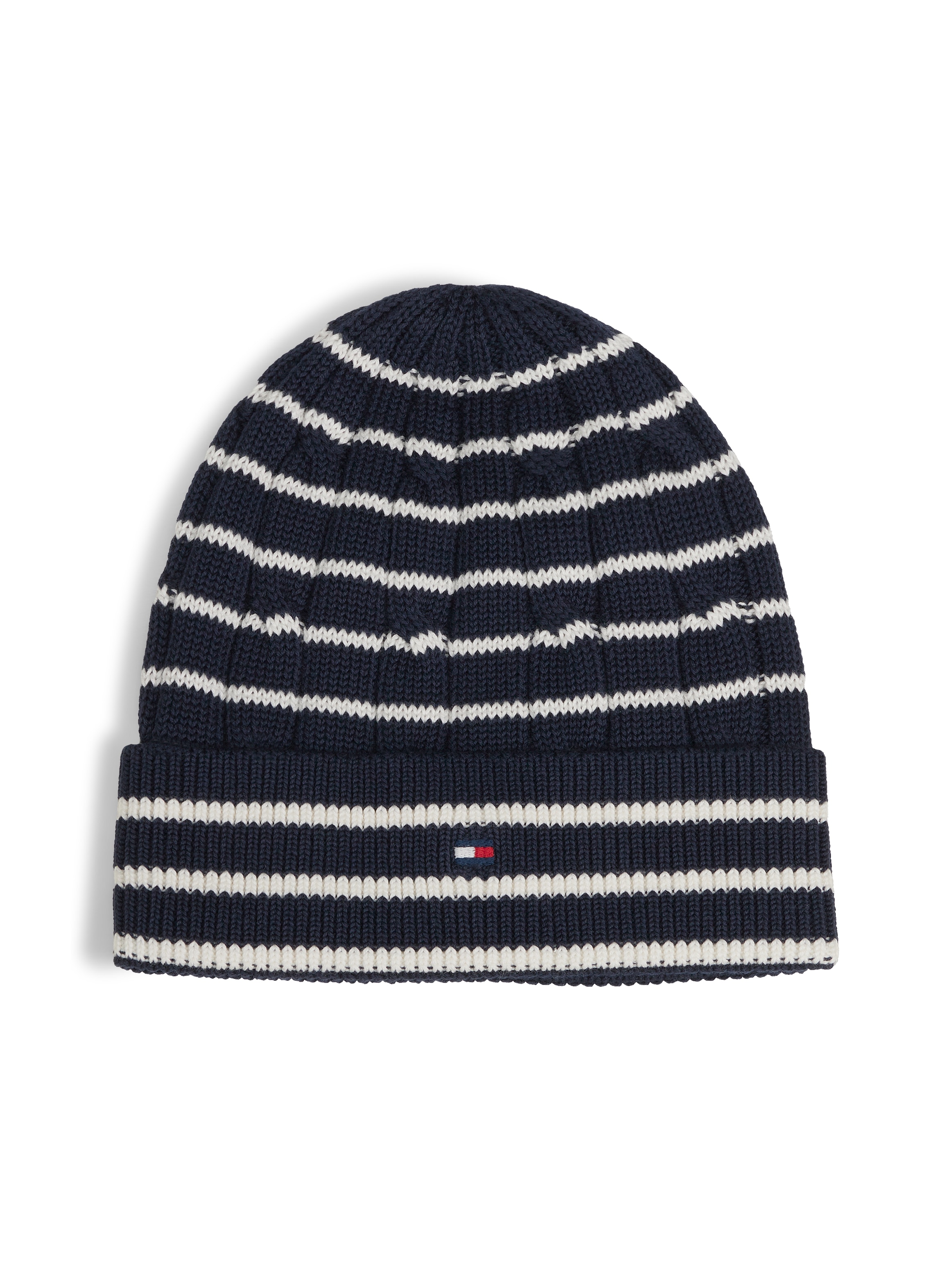 "Beanie TOMMY HILFIGER ""ESSENTIAL CABLE BEANIE"", Damen, Gr. S/M, dunkelblau, ivory petal stripe, Strick, Baumwolle, gestreift, Mützen Beanie