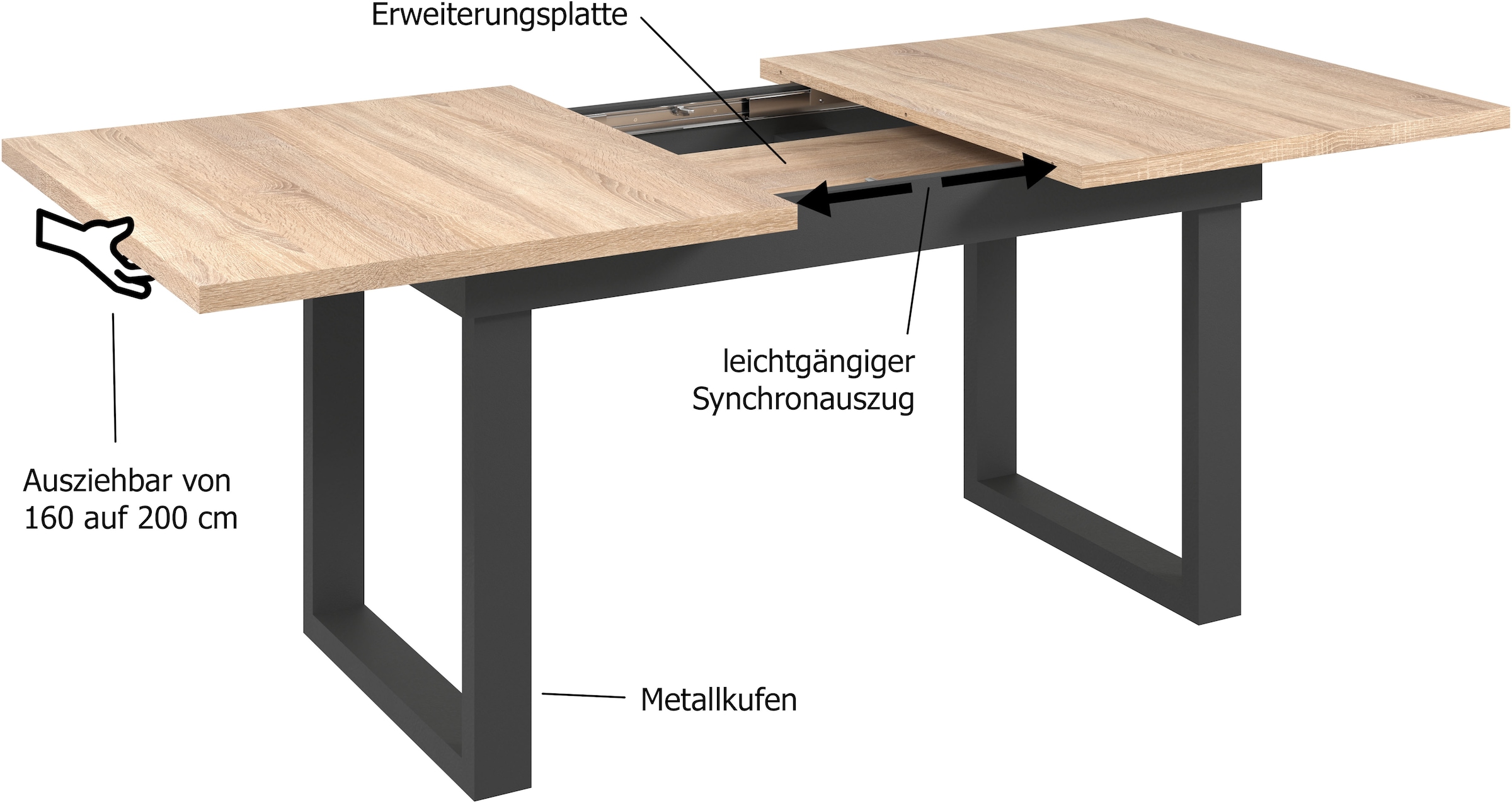 INOSIGN Esstisch »Valencia«, Synchroauszug; Metallkufen, ausziehbar auf 200 cm