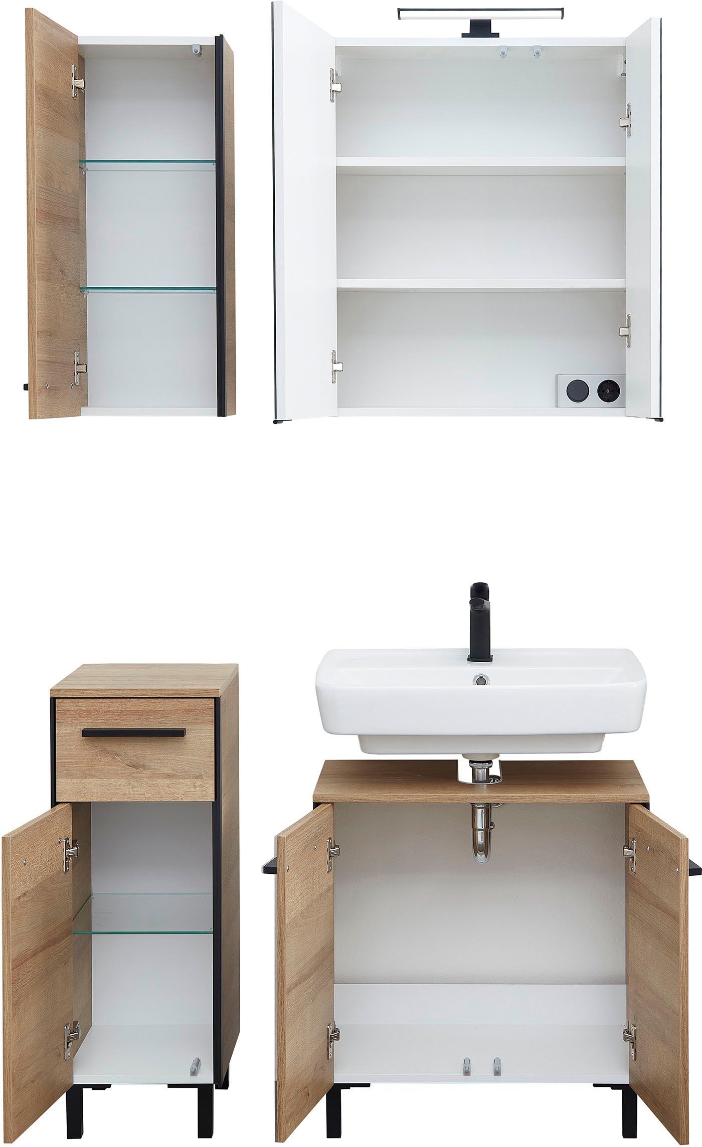 Saphir Badmöbel-Set »Quickset 395 4-teilig, Waschbeckenunterschrank mit LED-Spiegelschrank«, (4 St.), Unterschrank, Hängeschrank inkl. Türdämpfer, 6 Türen, 1 Schublade