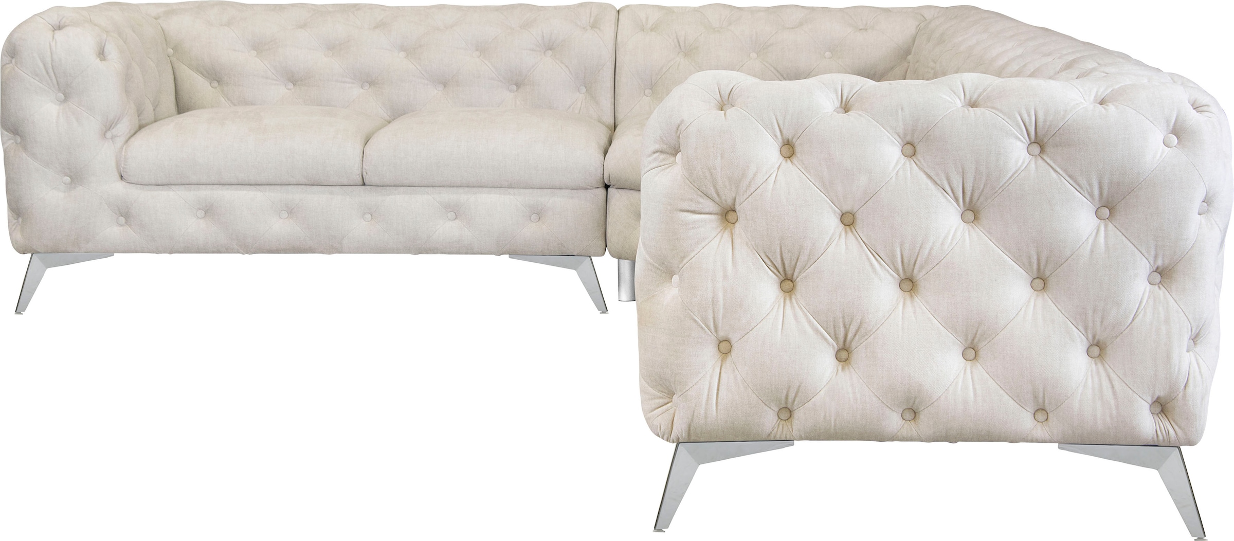 Leonique Chesterfield-Sofa »Ecksofa GLYNIS L-Form mit Wellenunterfederung, Maße B/T/H 323/264/75cm«, aufwändige Knopfheftung, moderne Chesterfield Optik, Fußfarbe wählbar