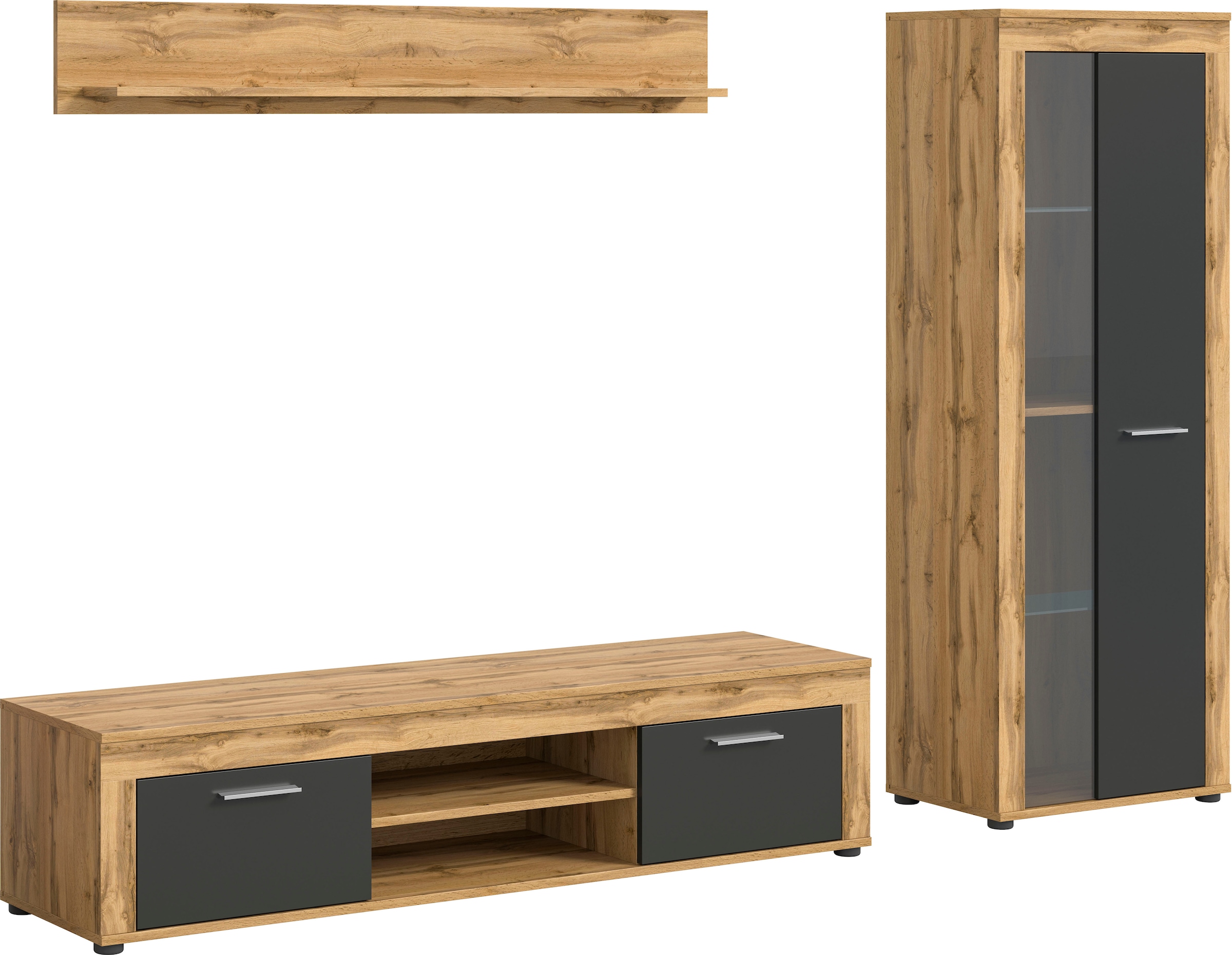 INOSIGN Wohnzimmer-Set "Aosta, Breite 235cm, bestehend aus Lowboard, Wandboard, Vitrine", (3 St.), Wohnwand, Kombination