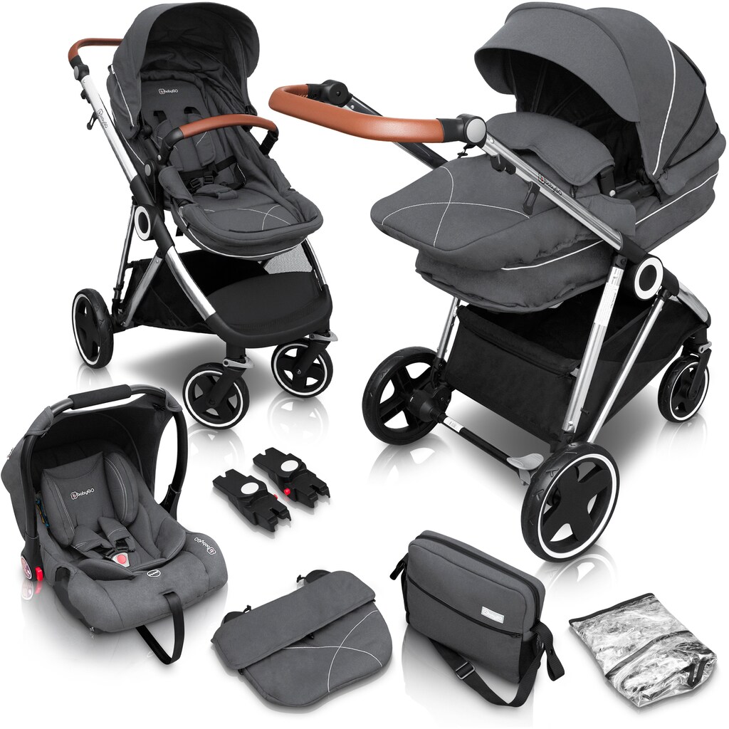 BabyGo Kombi-Kinderwagen »Halime 3in1, Grey Silver«, inklusive Babywanne, Babyschale, Regenhaube & Wickeltasche