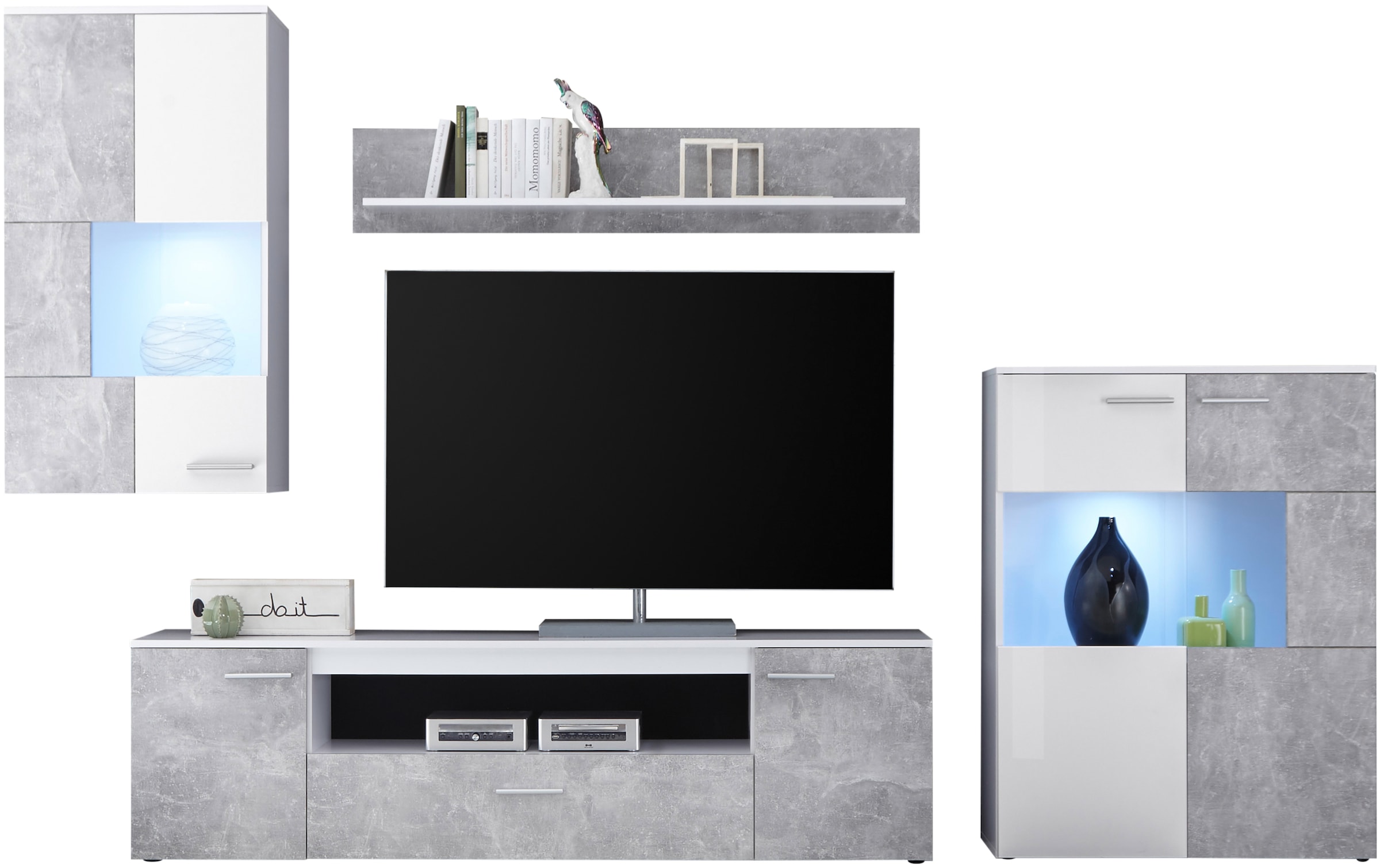 HBZ Wohnwand »Vulcan inkl. LED-Beleuchtung Weiß-Beton, BxHxT 290x194x40 cm«, (Set, 4 St.), Mit 1 Hängevitrine, 1 Stauraumschrank, 1 Lowboard, 1 Wandregal