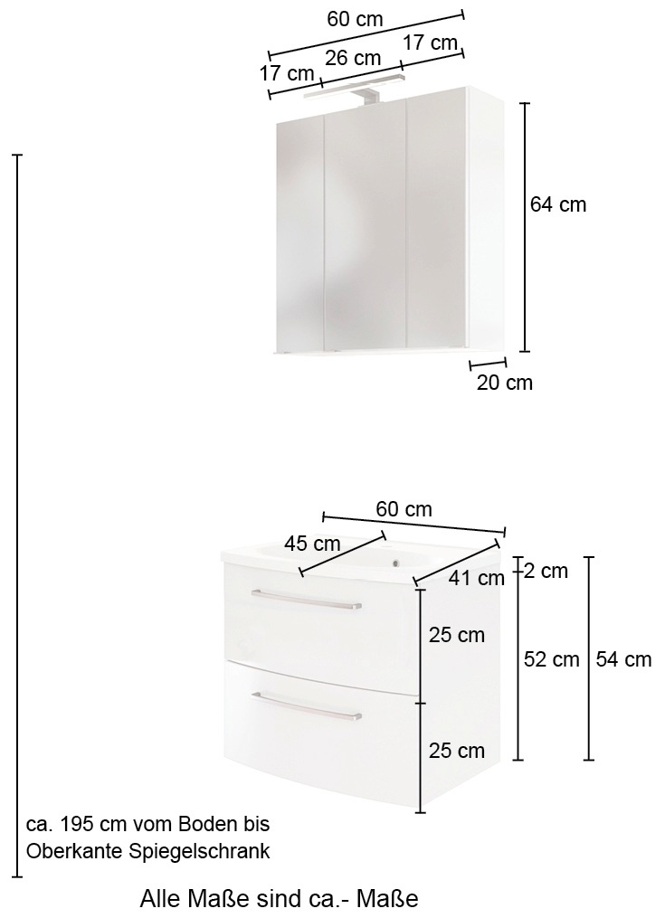 welltime Badmöbel-Set »Catania«, (3 St.), mit 3D-Spiegelschrank und gebogenes Mineralgussbecken