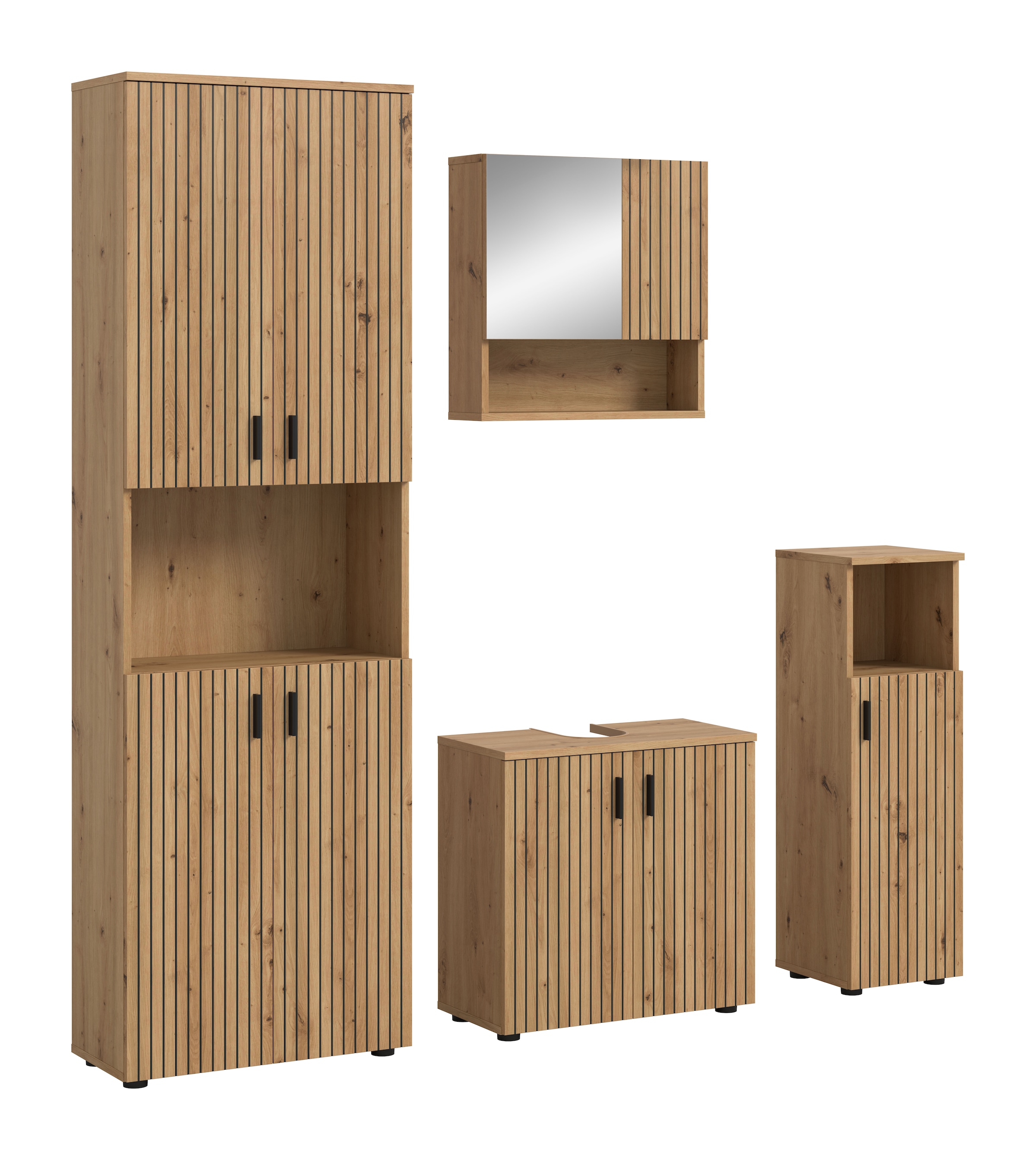 welltime Badmöbel-Set "MANI, 4-tlg. Badkombination, Paneeloptik" Set, Set, best. aus: 1 Hochschrank, 1 Spiegelschrank, 1 WBU, 1 Badschrank, 4 Stk. tlg.