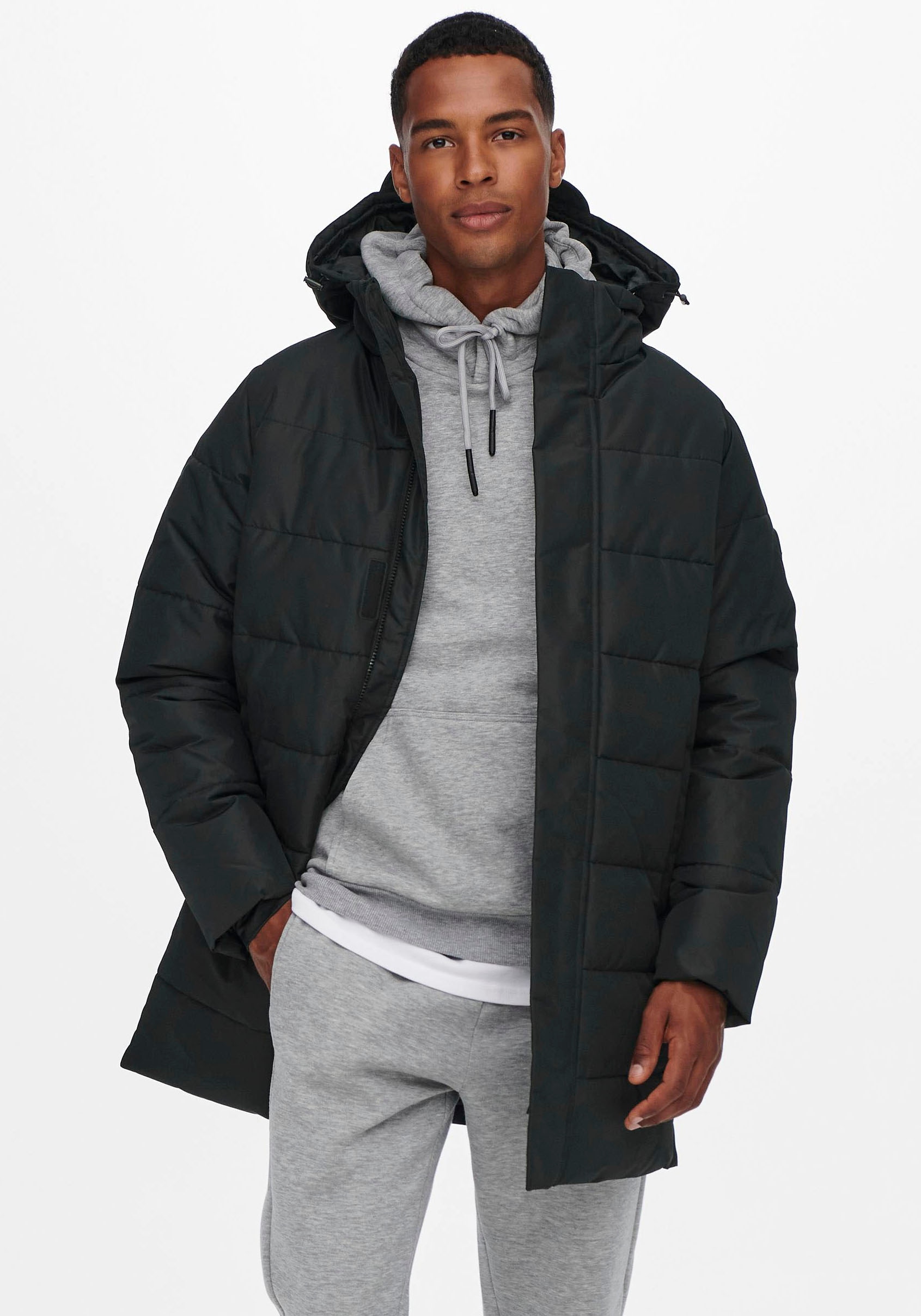 ONLY & SONS Steppjacke "ONSCARL LIFE LONG QUILTED COAT NOOS OTW", mit Kapuze