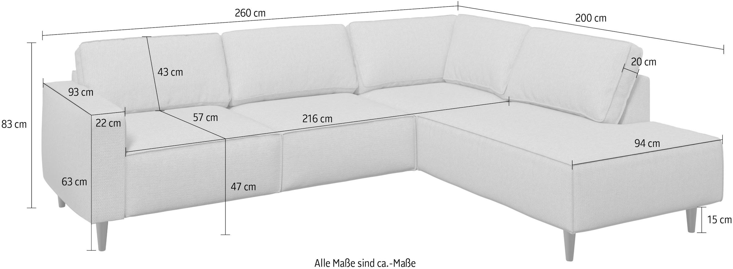 Places of Style Ecksofa »Fumone, Lederoptik oder Soft-Touch Chenille«, Breite 260, mit schwarzen Massivholzfüßen