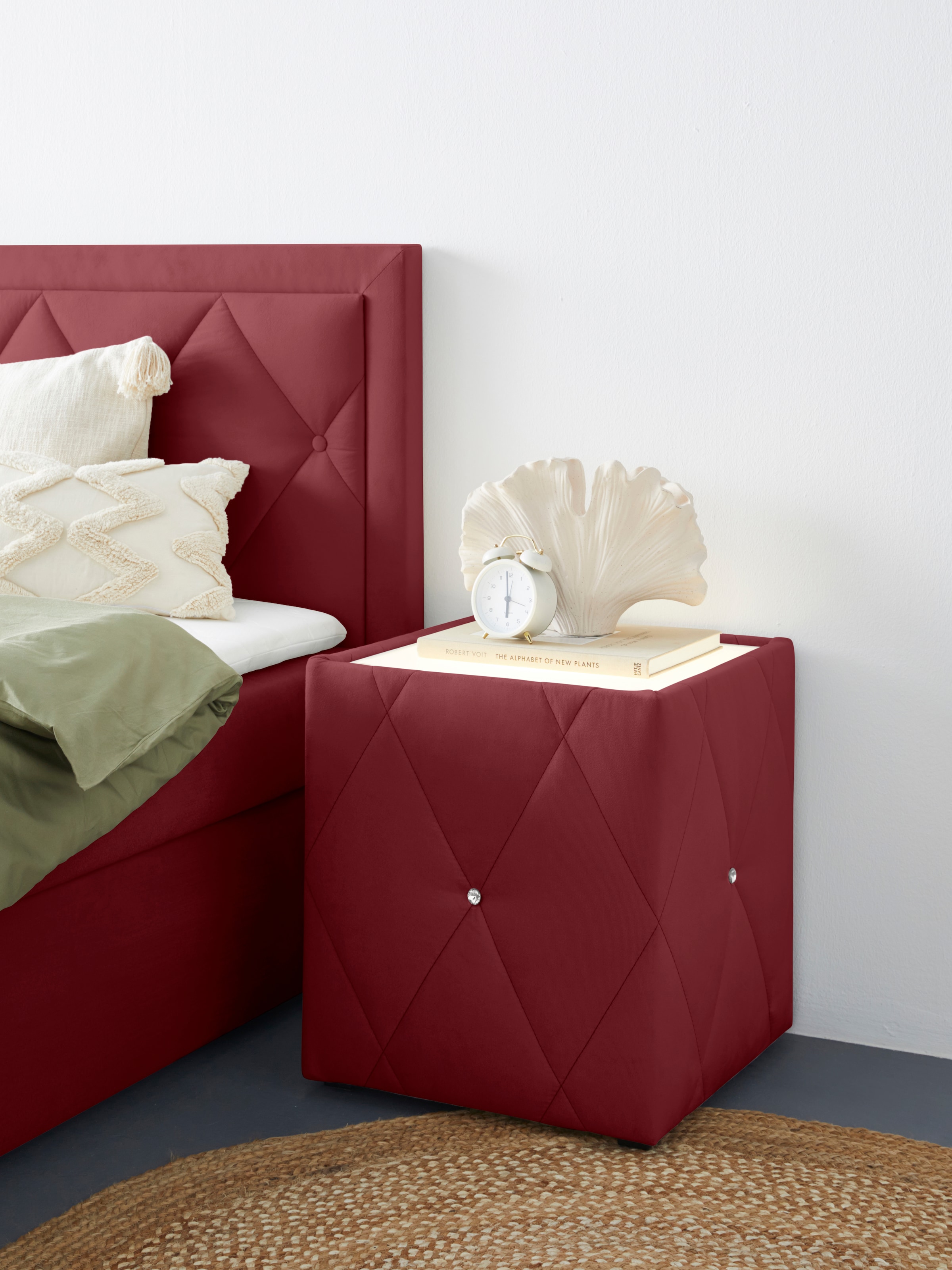 Nachttisch HOME AFFAIRE "Alfie", rot (weinrot, plexi milchglas), B:50cm H:53cm T:50cm, Tische, Nachttisch, mit Beleuchtung und Bezug aus Samtverlours