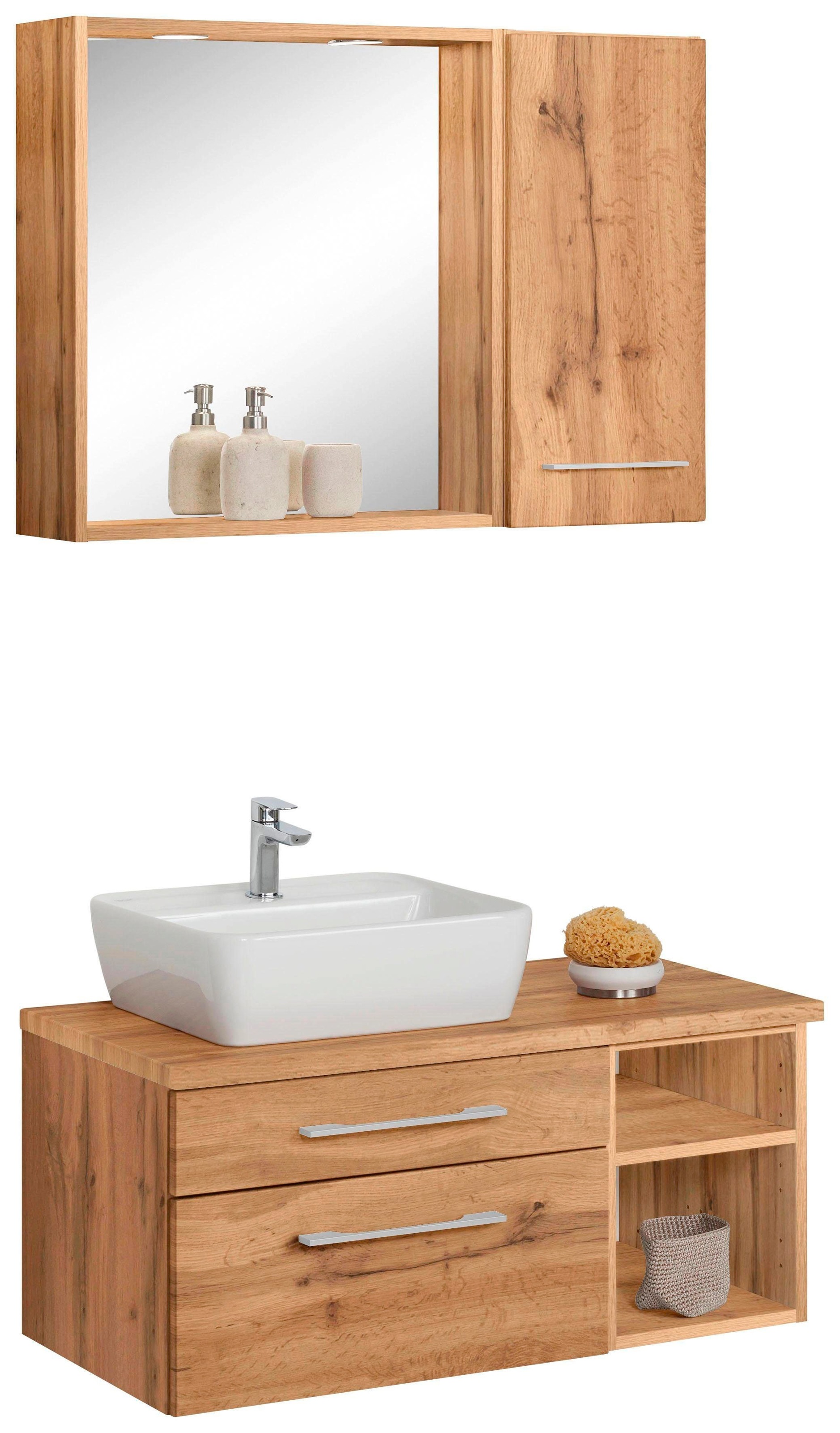 Badmöbel-Set WELLTIME, braun, Kastenmöbel-Sets, "Davos", Waschplatz, Hängeschrank und Bad-Spiegel