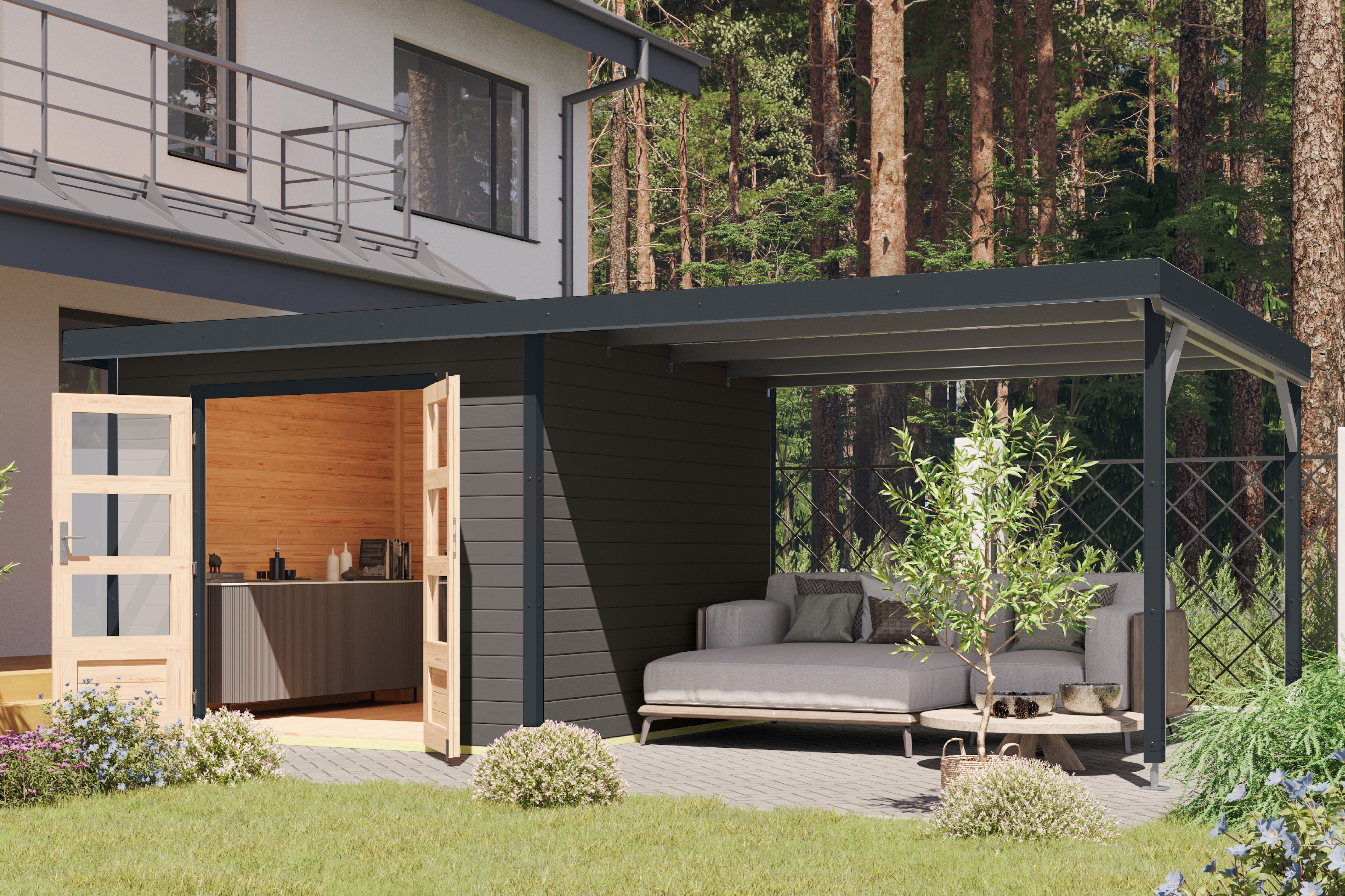 Karibu Gartenhaus "Plutino 6 SET, in verschiedenen Farben" inkl. Anbaudach