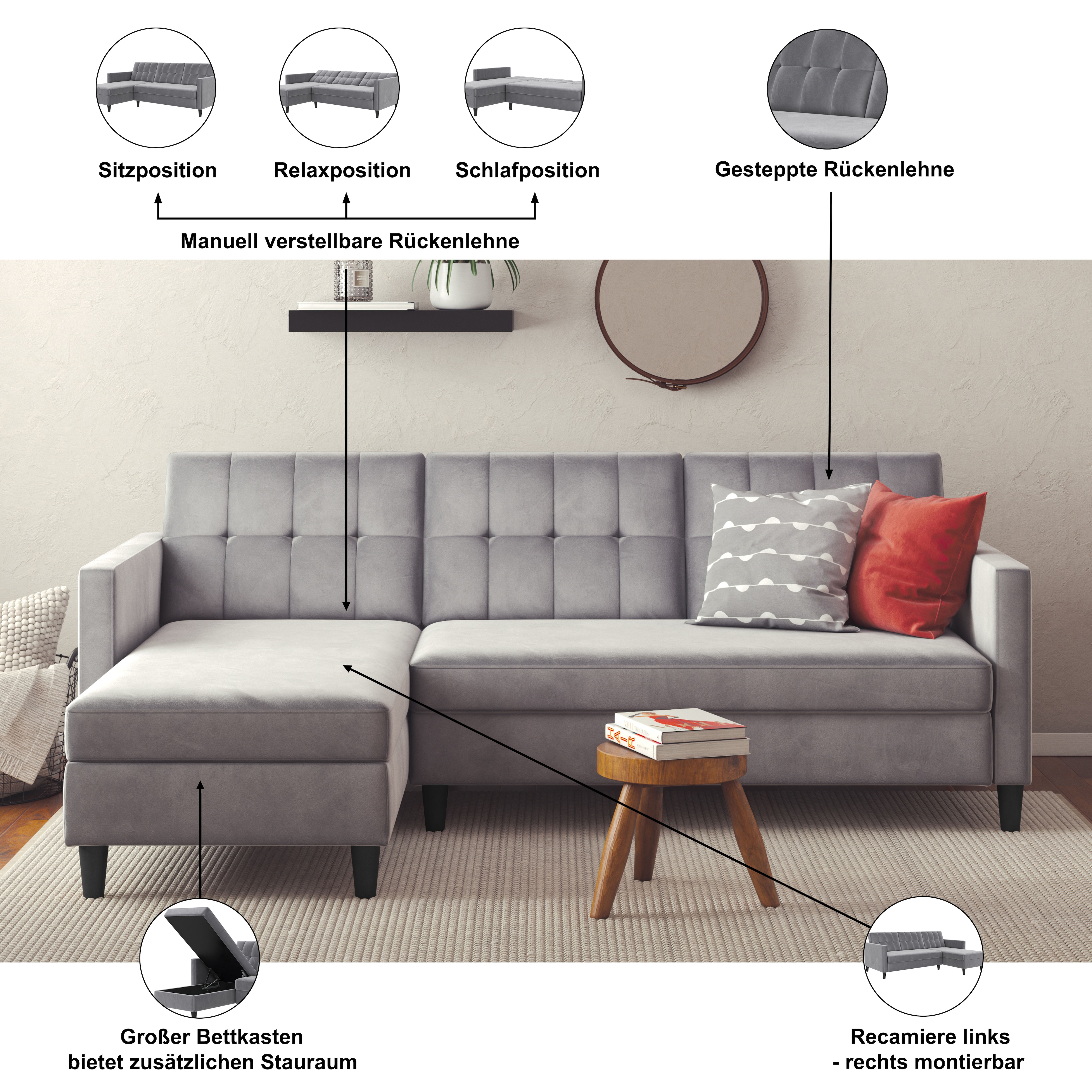 Thumbnail - Dorel Home Ecksofa "Hartford II" mit Bettfunktion und Stauraum, Recamiere beidseitig montierbar