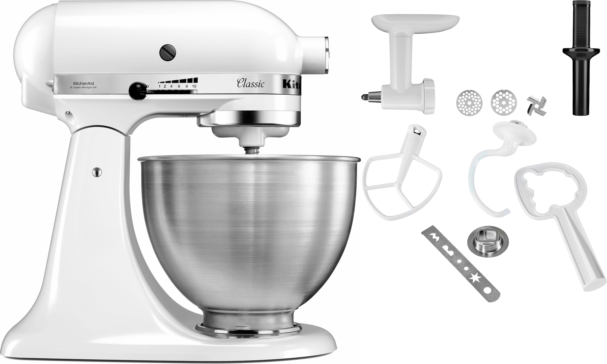 KitchenAid Küchenmaschine »5K45SSEWH+SFGA+KCCA WEISS«, Gratis Fleischwolf, Spritzgebäckvorsatz (Wert ca. 129,-UVP)