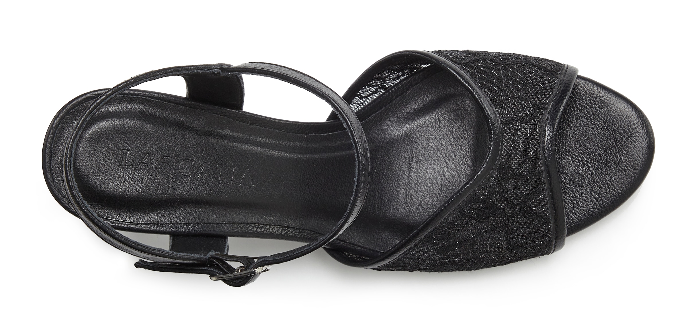 LASCANA Sandalette »Mid-Heel-Sandalette, Sandale, offener Schuh, Sommerschuh,«  mit floralem Design und Spitzeneinsatz VEGAN