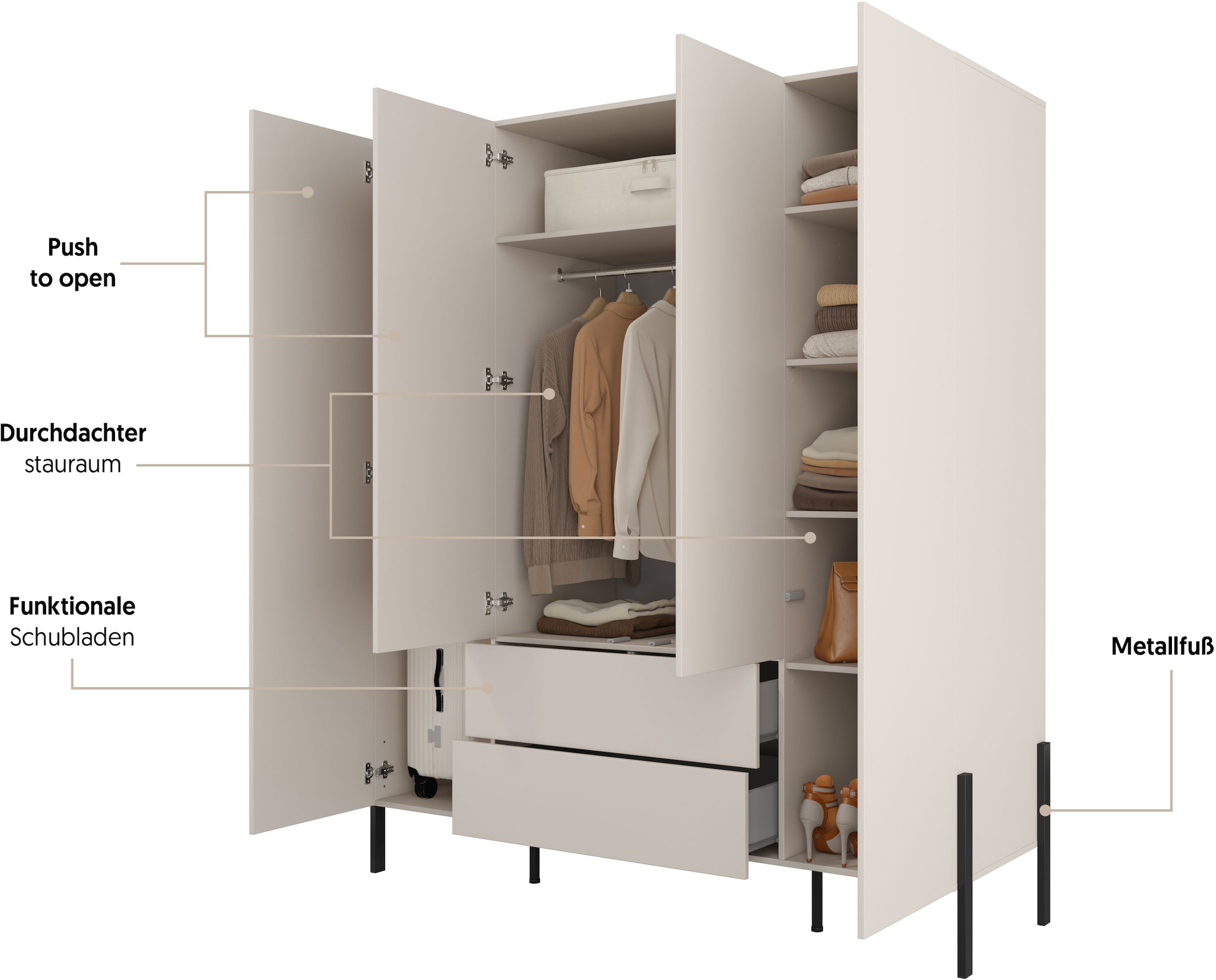 Home affaire Drehtürenschrank »Jukon, moderner Kleiderschrank mit Metallfüßen«, (B/H/T 3-Türer: ca. 135/210/60 4-Türer ca: 180/210/60), Drehtürenschrank 4 Türen/2 Schubkästen, push to open Funktion