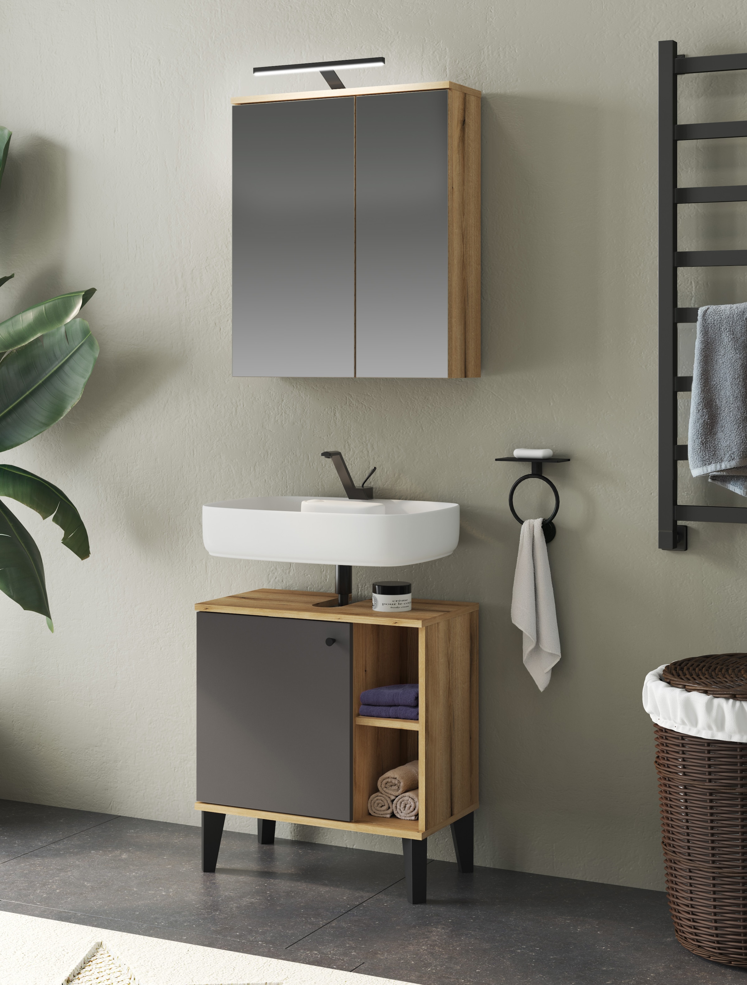 INOSIGN Badmöbel-Set »OSLO, Bad im skandinavischen Design, 2-teiliges Badezimmer«, (Set, 2 St.), Badschränke und Spiegel, in zwei Farben verfügbar, viel Stauraum