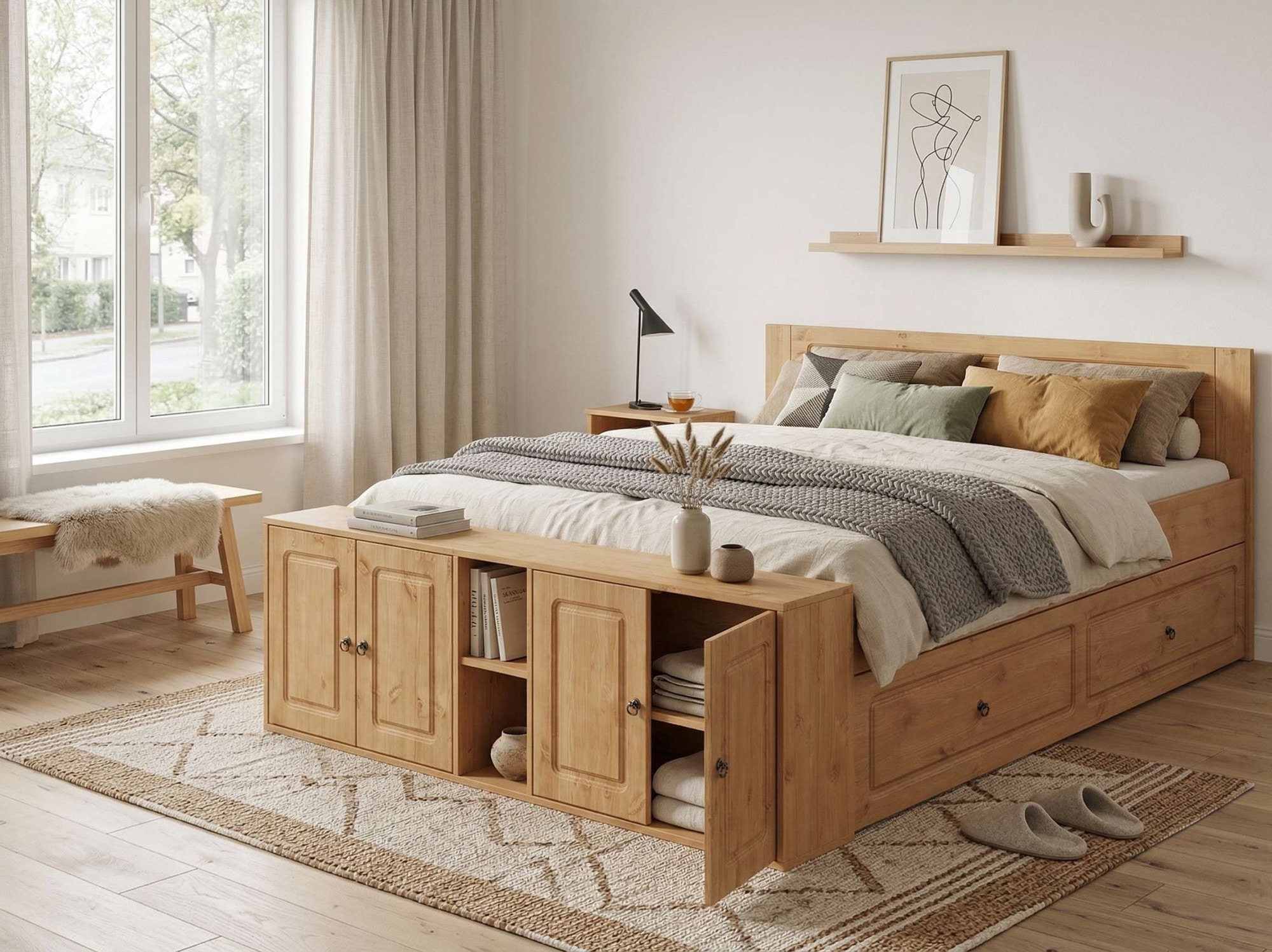 OTTO home 1100000002199 "Paula, mit Türen und Ablage, Schublade optional, Landhausstil" (B/T/H: 148,8/224,4/82 cm, Massive Kiefer, extra viel Stauraum im Fußteil, FSC-zertifiziert