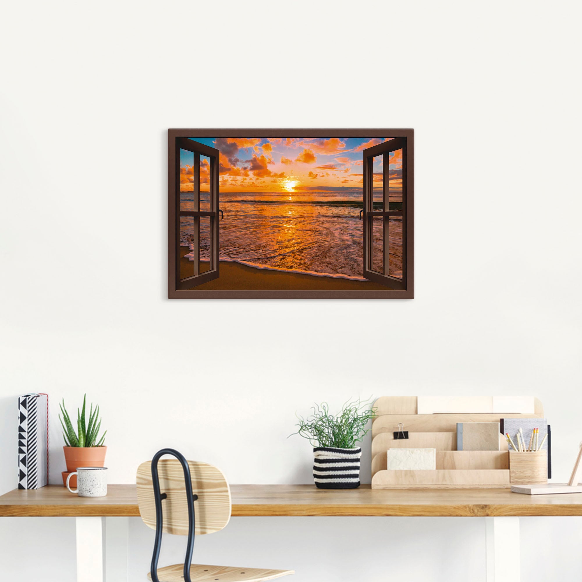 Artland Wandbild »Fensterblick Sonnenuntergang am als oder Poster Sonnenaufgang (1 Wandaufkleber | & BAUR Größen Strand«, Leinwandbild, in St.), -untergang, versch. kaufen