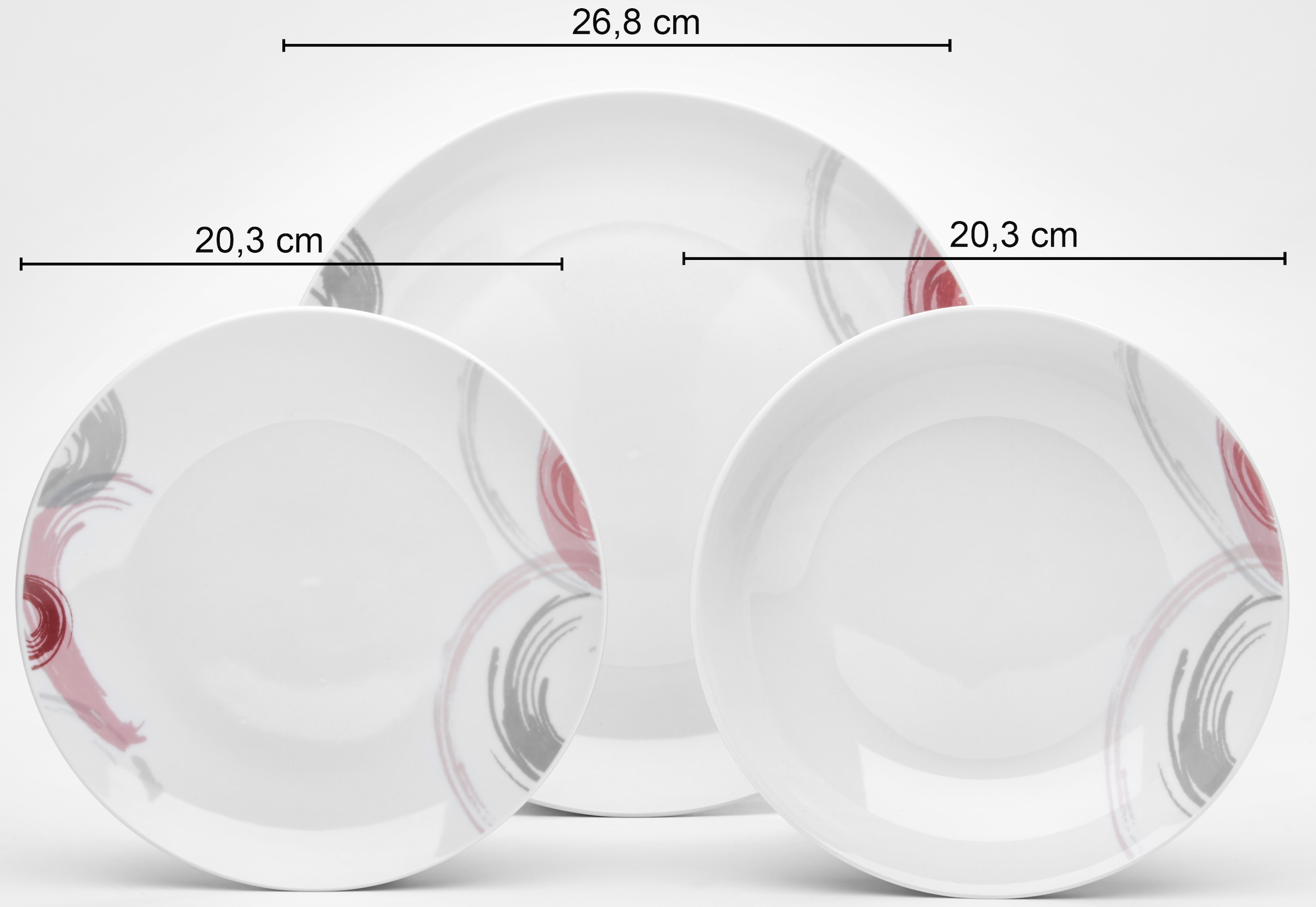 van Well Kombiservice »Geschirr-Set Tonga, 16-teilig, weiß mit Randdekor«, (Set, 16 tlg.), mit Dekor in grau/rose/weinrot, spülmaschinen- und mikrowellengeeignet