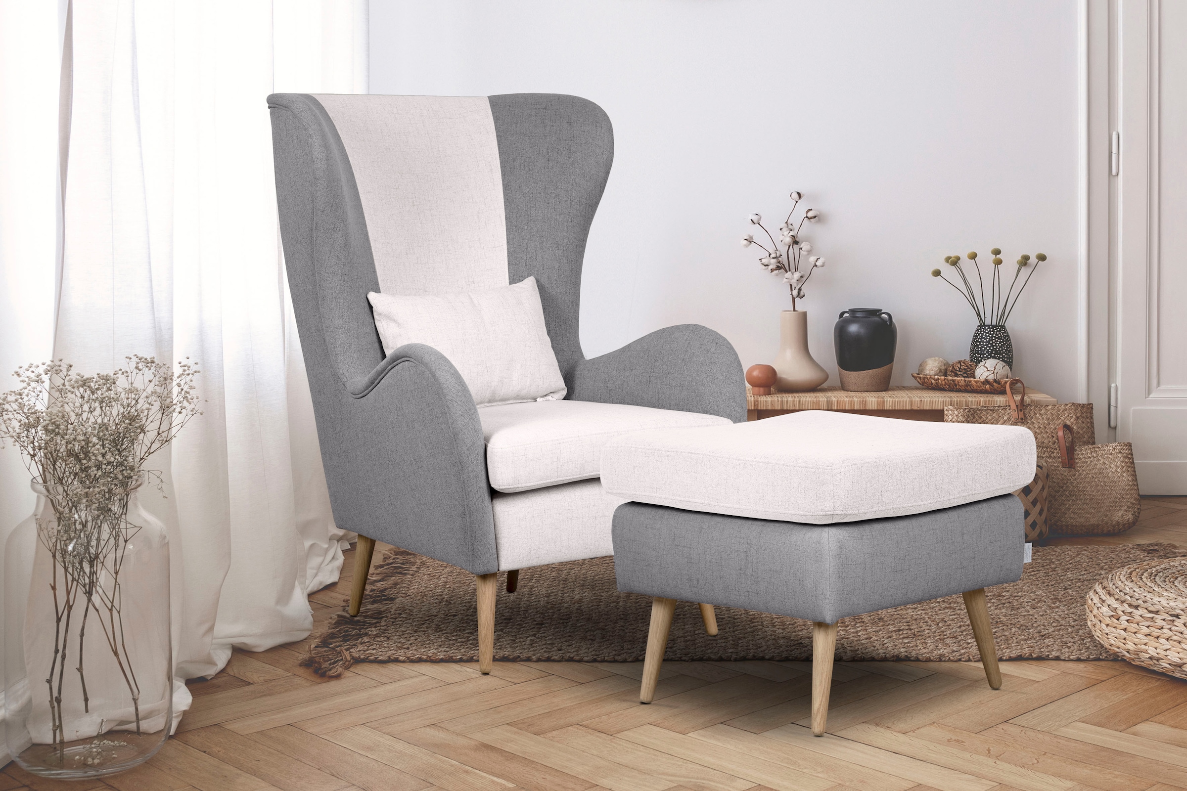 Guido Maria Kretschmer Home&Living Sessel »Salla Bezug Bouclé oder Struktur fein, Ohrensessel«, wahlweise mit oder ohne Hocker; großer Sessel: Maße B/T/H: 78/94/118cm