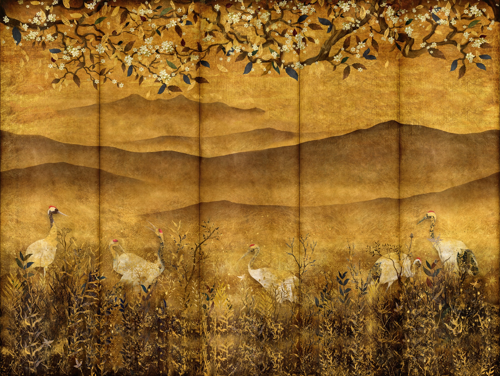 living walls Fototapete »The Wall 4 Flowers – Goldene Berge mit Blüten und Vögeln Fototapete« botanisch | floral | matt leicht strukturiert Goldene Berge mit Blüten und Vögeln – atmosphärischer Tiefe