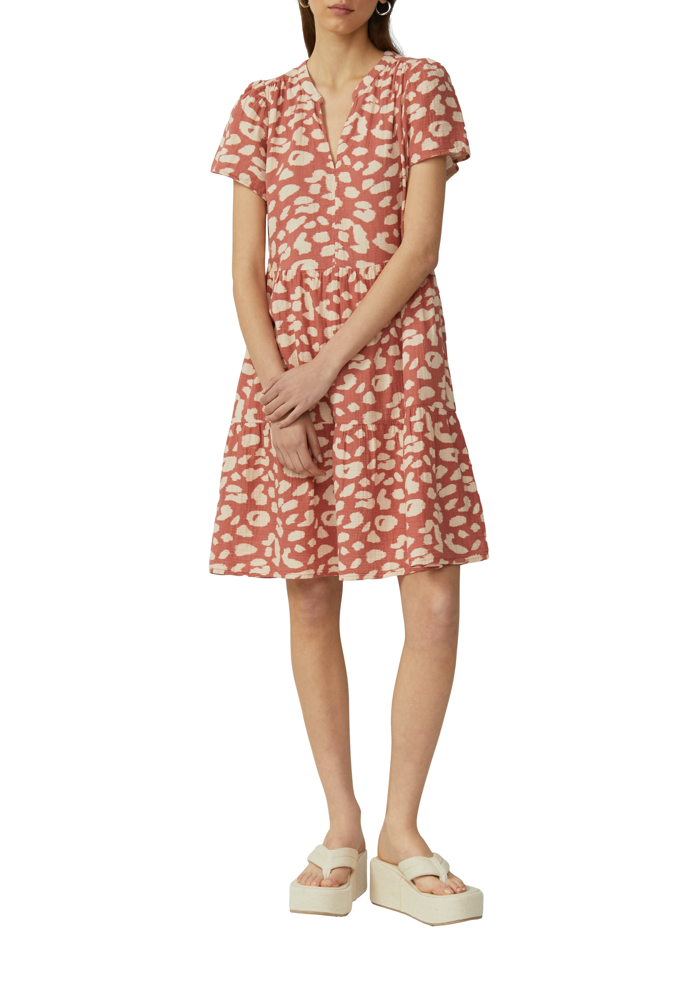 QS Volantkleid, aus reiner Baumwolle, kurzarm, mit All-Over Muster