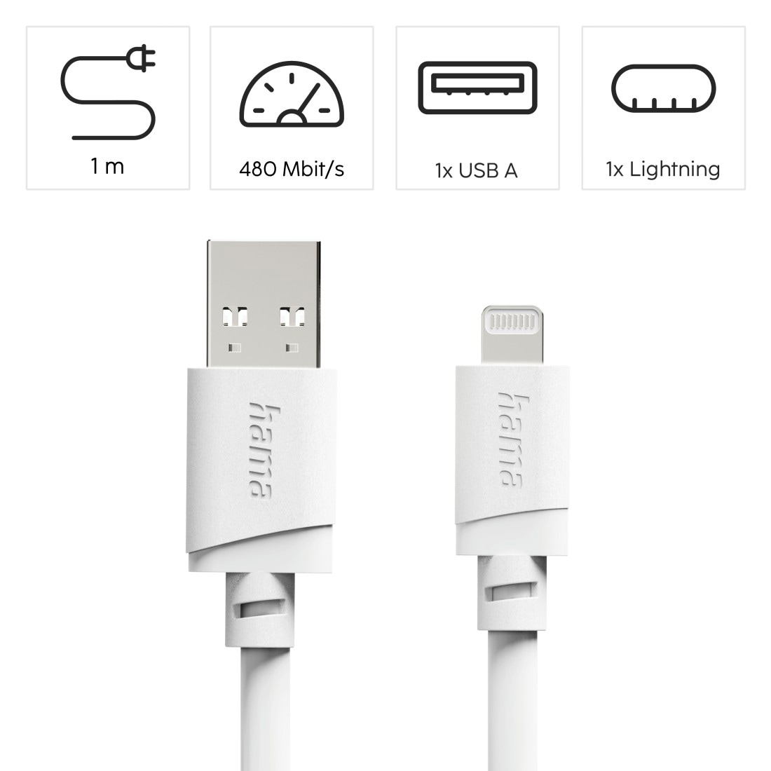 Hama USB-Kabel »USB-A auf Lightning Ladekabel 1 m weiß« Lightning | USB Typ A 100 cm Schnellladen, 480 Mbit/s, MFi zertifiziert, breite Kompatibilität
