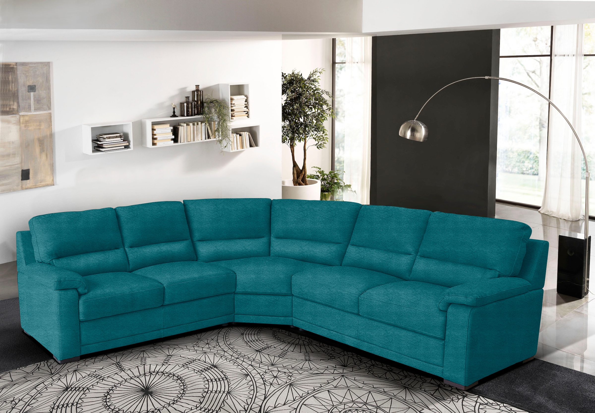 Ecksofa EGOITALIANO "Doris, modernes Designerecksofa in hochwertigen Microfaserqualitäten", blau (teal), B:266cm H:90cm T:246cm, Luxus-Mikrofaser BLUSH (100% Polyester) ist ein innovatives Mikrofasergewebe mit wasser- und fleckenabweisenden Eigenschaften.