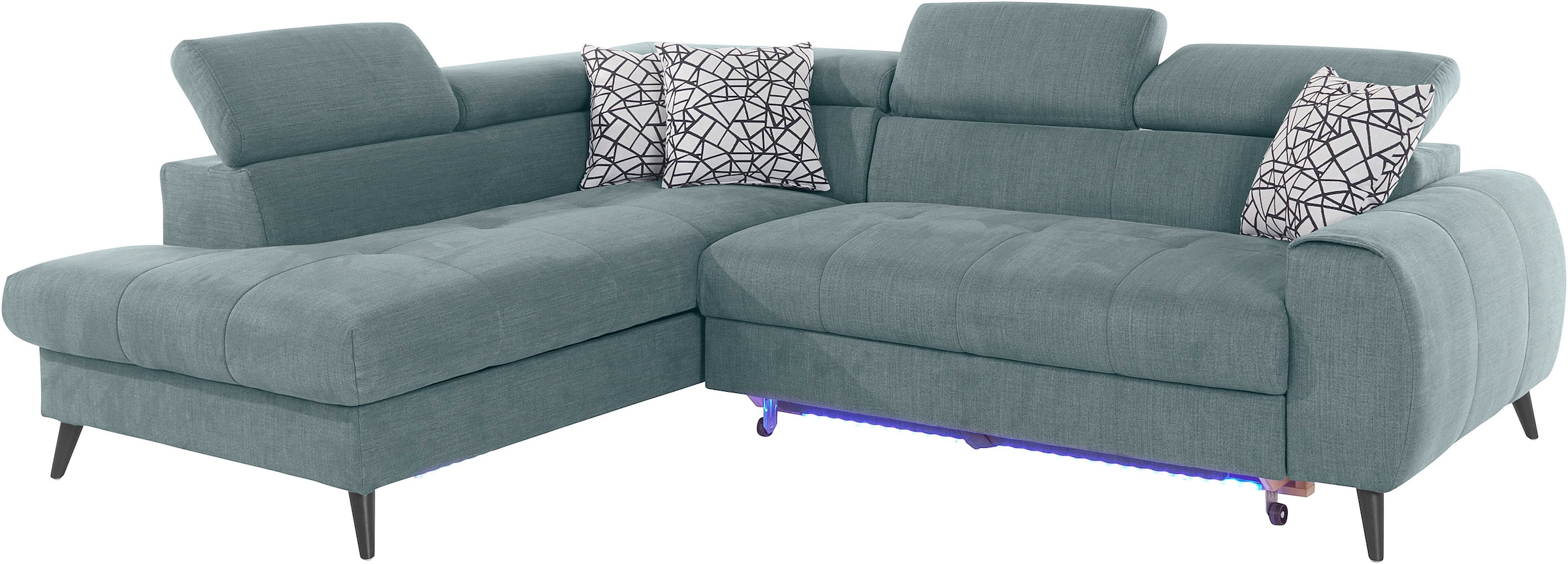 COTTA Ecksofa »Mia L-Form mit 3 Zierkissen«, wahlweise mit Bettfunktion, Bettkasten, Beleuchtung & Wireless-Charger