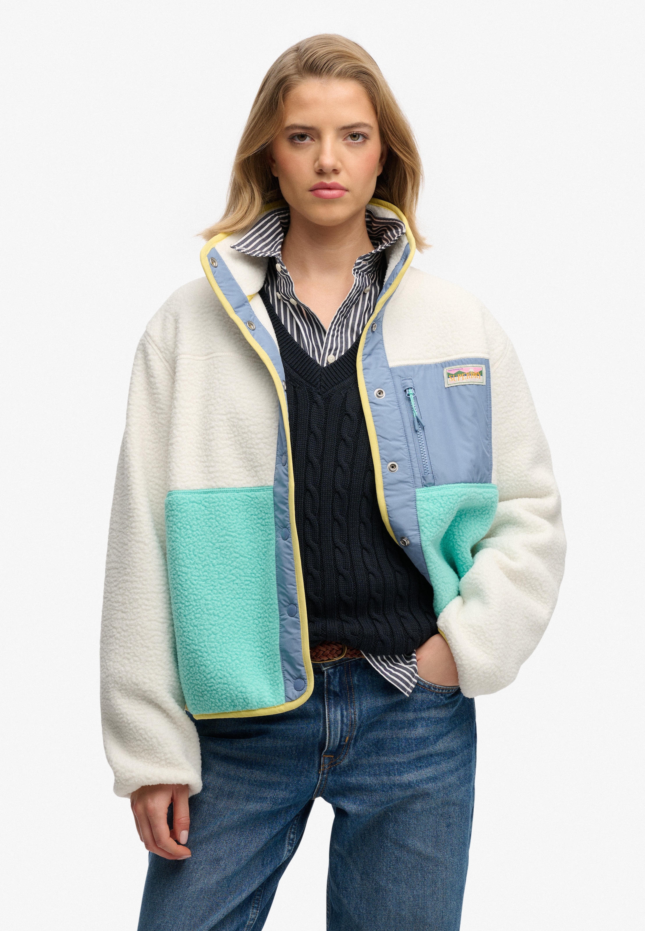 Superdry Fleecejacke »COLOUR BLOCK FLEECE JACKET« Kunstfaser, oversize, Colorblock, Superdry-Etikett an der Brusttasche