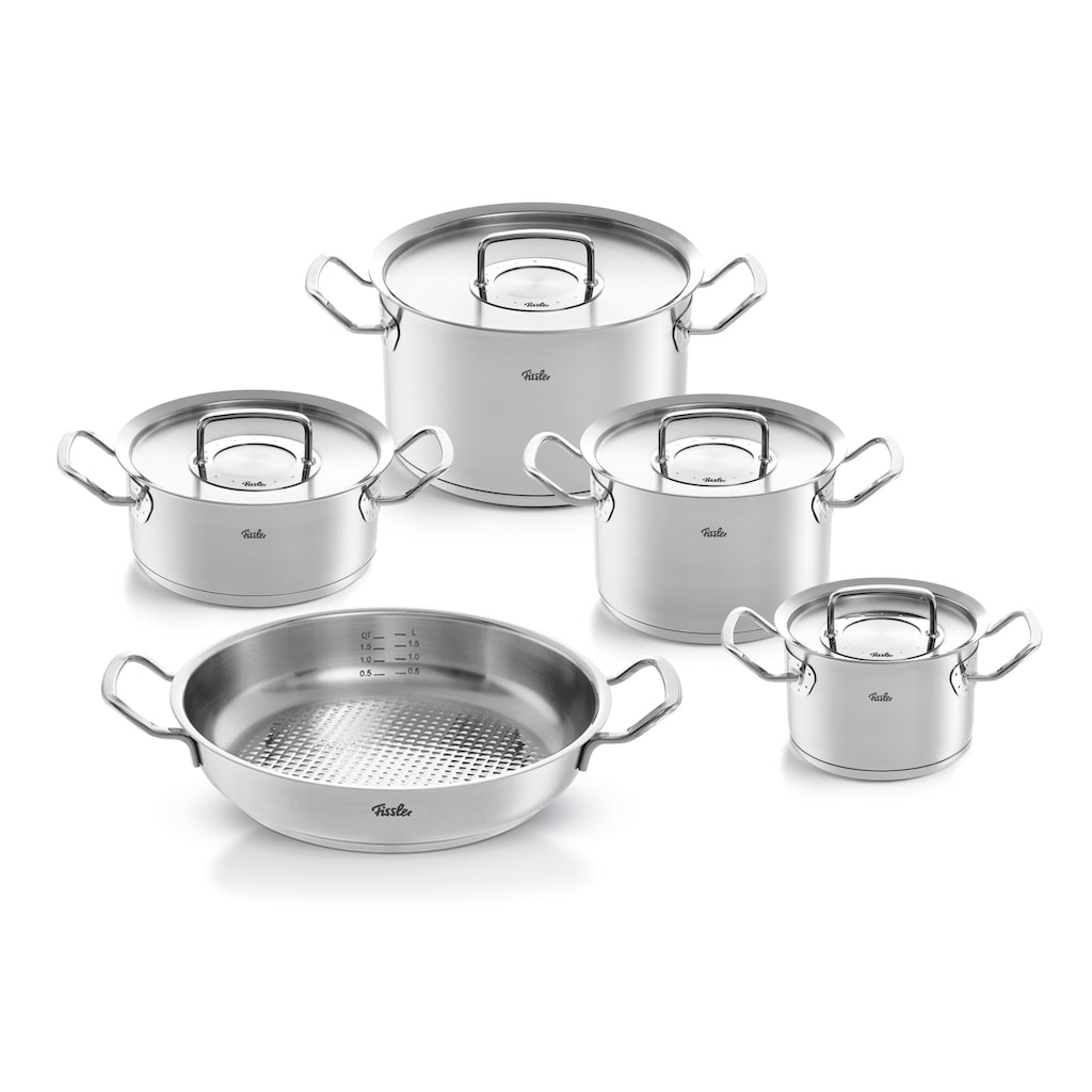 Fissler Topf-Set »ORIGINAL-PROFI COLLECTION® Edelstahl-Topfset«, Edelstahl 18/10, (9 tlg., Bratentopf 20 cm, je 1 Fleischtopf 16/20/24 cm, Servierpfanne 28 cm)