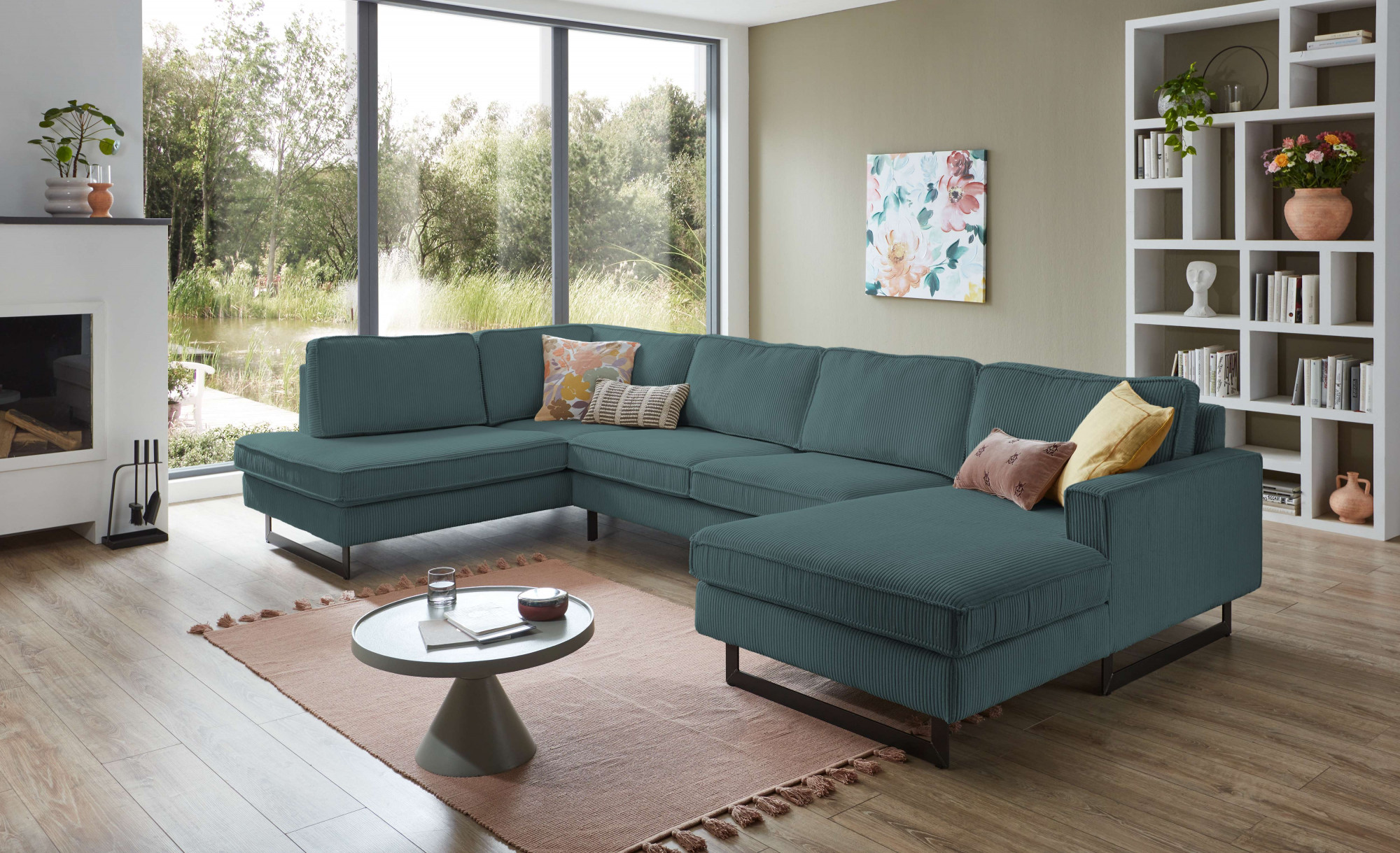 OTTO home Wohnlandschaft "Pinto, 350 cm, U-Form, XXL, mit Ottomanen" Cord, Chenille, Lederoptik, mit Keder, Metallfüße, Wellenunterfederung
