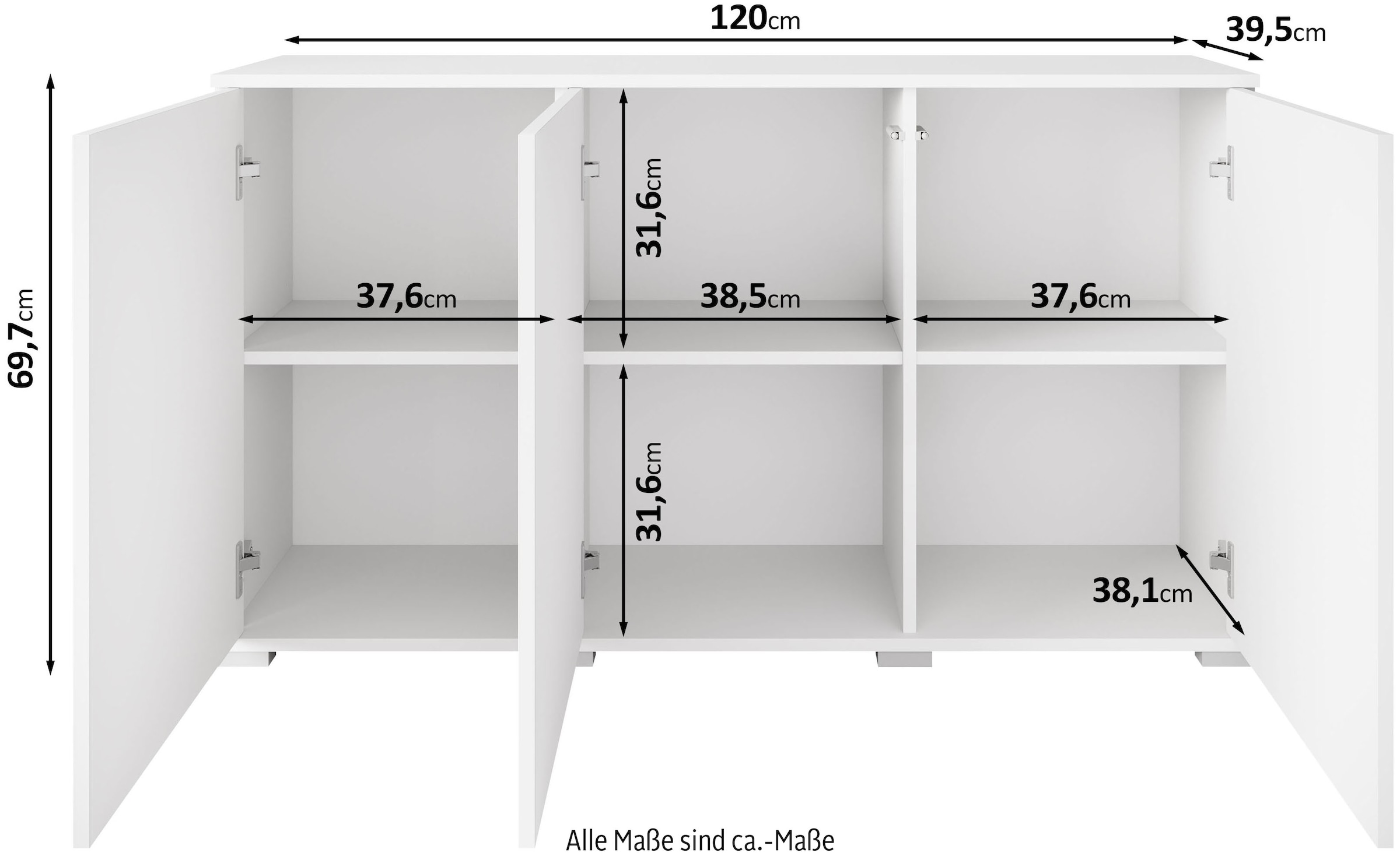INOSIGN Sideboard »Kenia, moderne grifflose Kommode mit 3 Türen, Breite 120 cm«, (1 St.), Push-to-Open-Fronten, höhenverstellbaren Einlegeböden