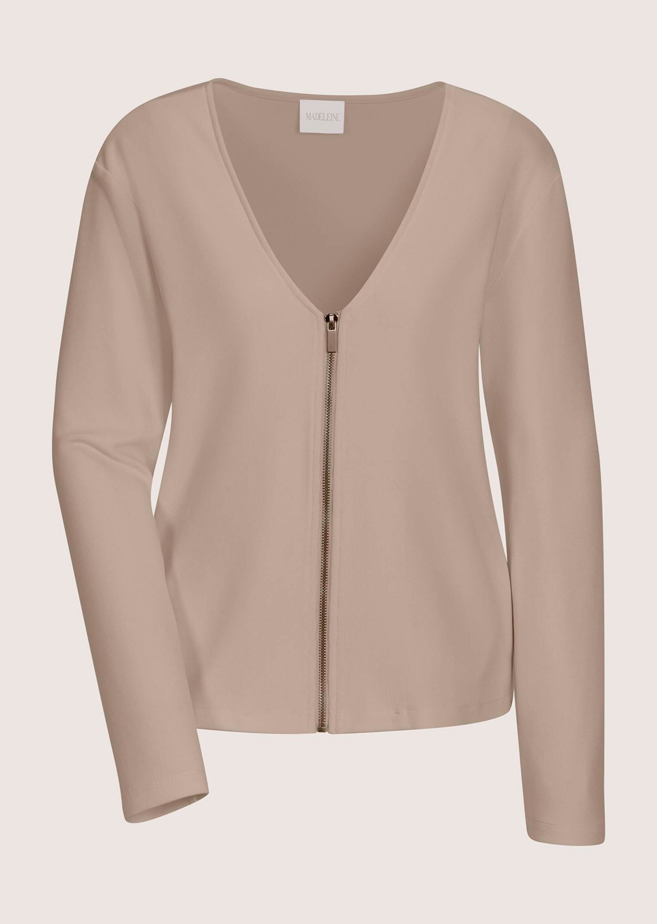 Langarmshirt MADELEINE "Shirtjacke Elegante Viskosejacke mit Reißverschluss", Damen, Gr. 40, beige (berber), Obermaterial: 70% Viskose CV. 25% Polyester PES. 5% Elasthan EL., Modern, Shirts Langarmshirt, Durchgehender Reißverschluss