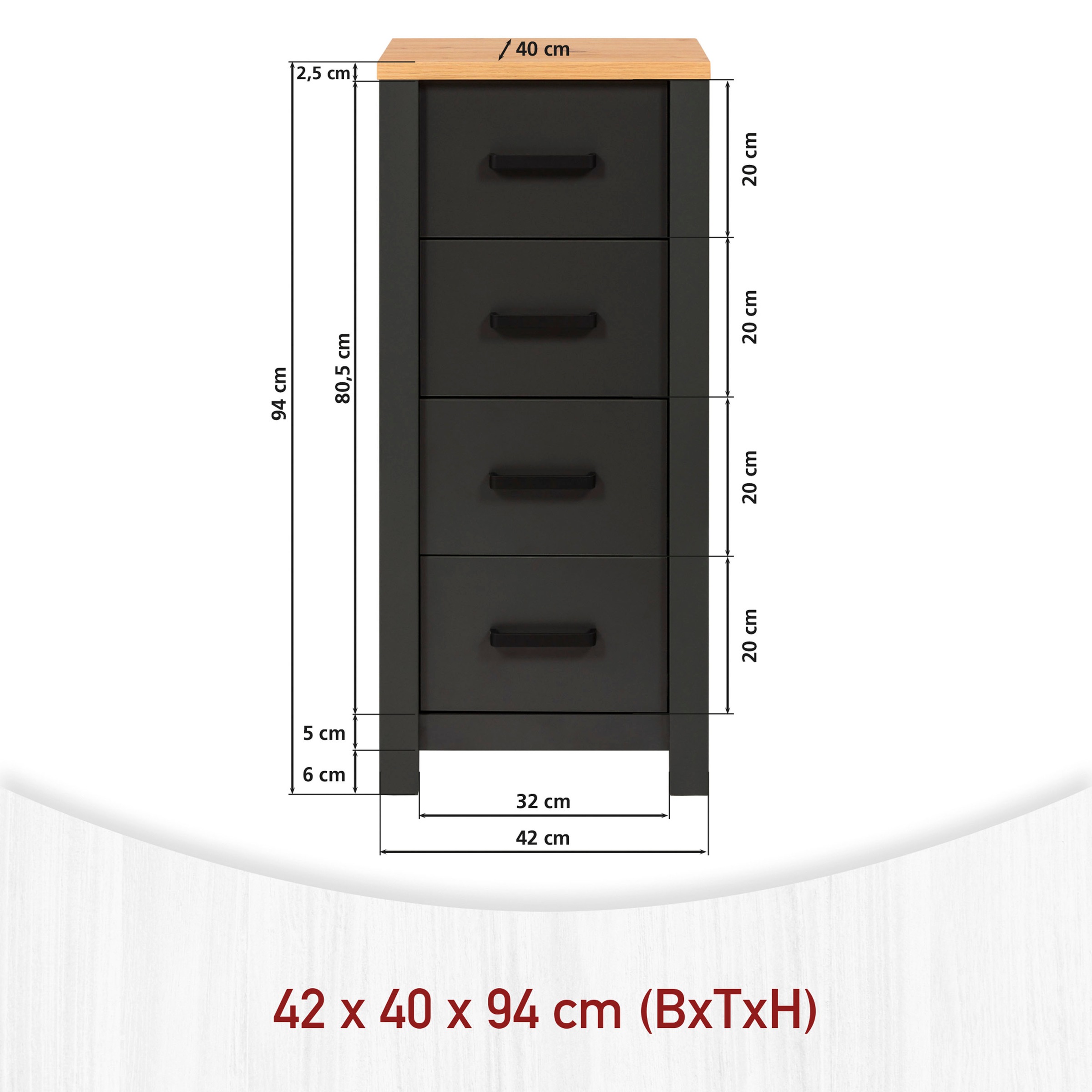Inter Link Highboard »Carbona, Badschrank, Anthrazit/Artisan Eiche Nachbildung, Platzsparend« 1 Stk. tlg. Midischrank mit 4 Schubladen, 42 x 40 x 94 cm, Skandi Look