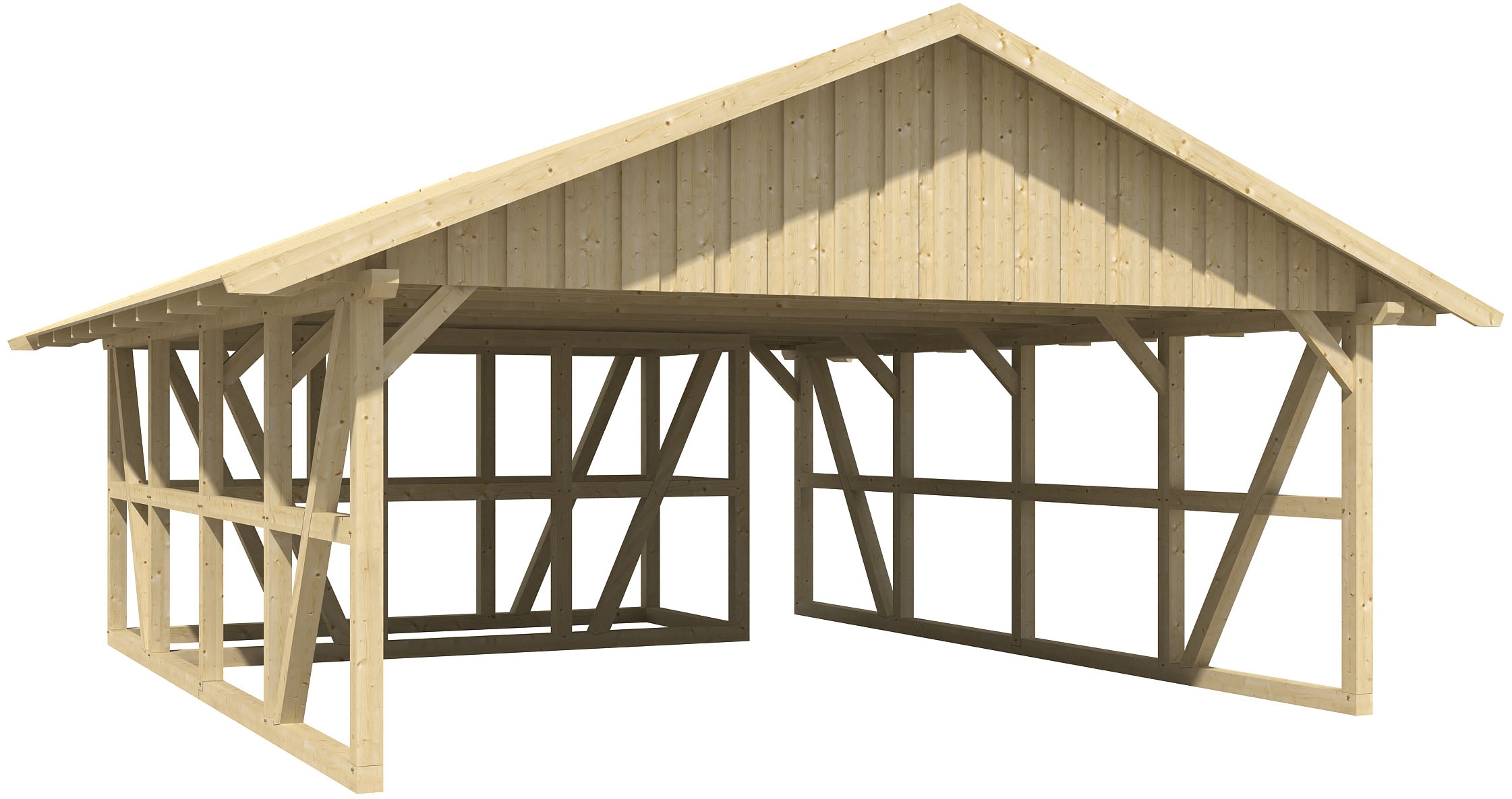 Skanholz Doppelcarport "Schwarzwald" Massivholz 560 cm Nussbaum mit Abstellraum 2, mit Dachschalung