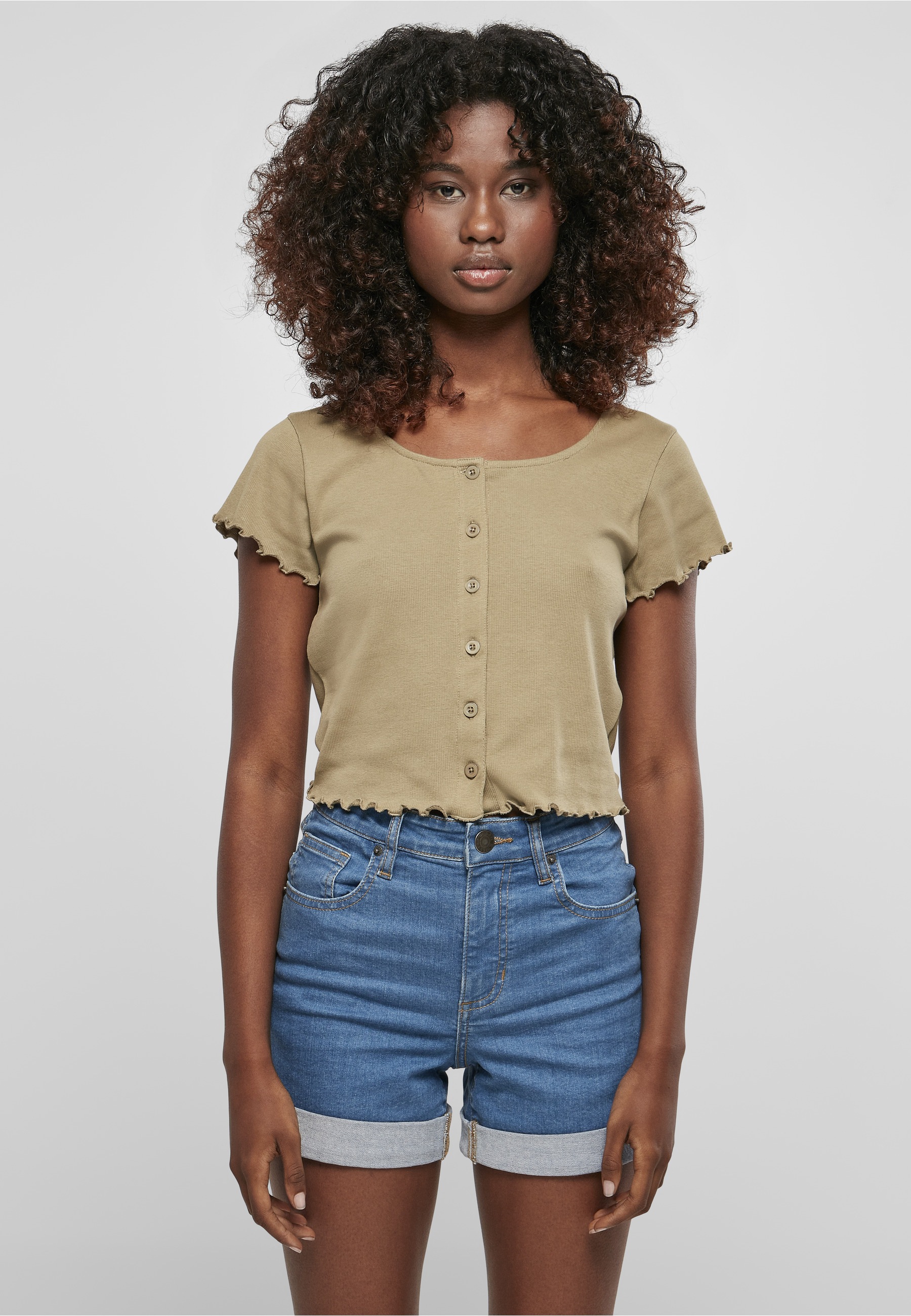 URBAN CLASSICS Kurzarmshirt »Urban Classics Damen Ladies Cropped Button Up Rib Tee« 1 Stk.