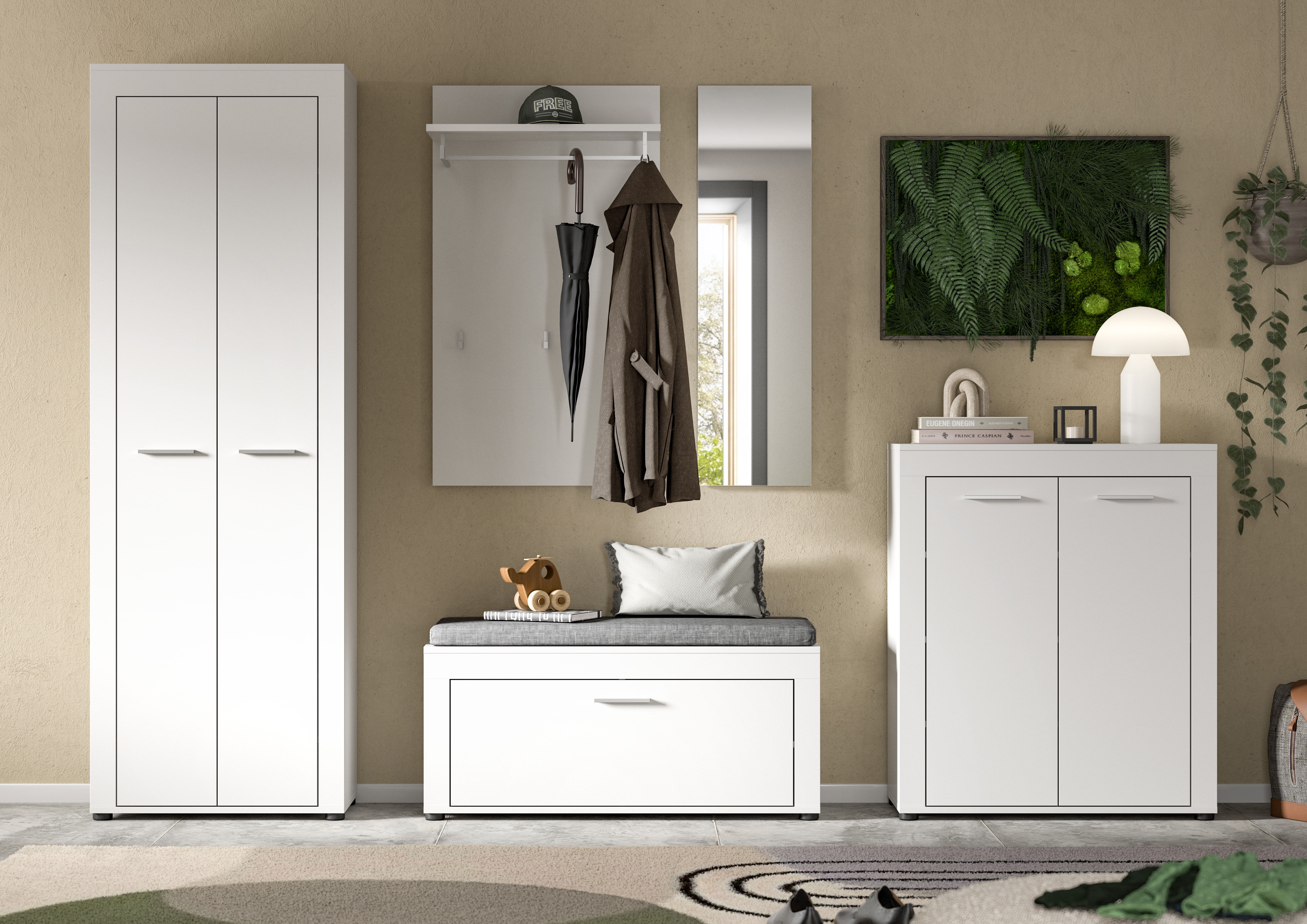 OTTO home Garderoben-Set "AOSTA, Breite 285cm, 6-teilige Garderobenkombination" Set, best. aus: Schrank, Sitzbank, Sitzkissen, Paneel, Spiegel & Kommode, 6 Stk. tlg.