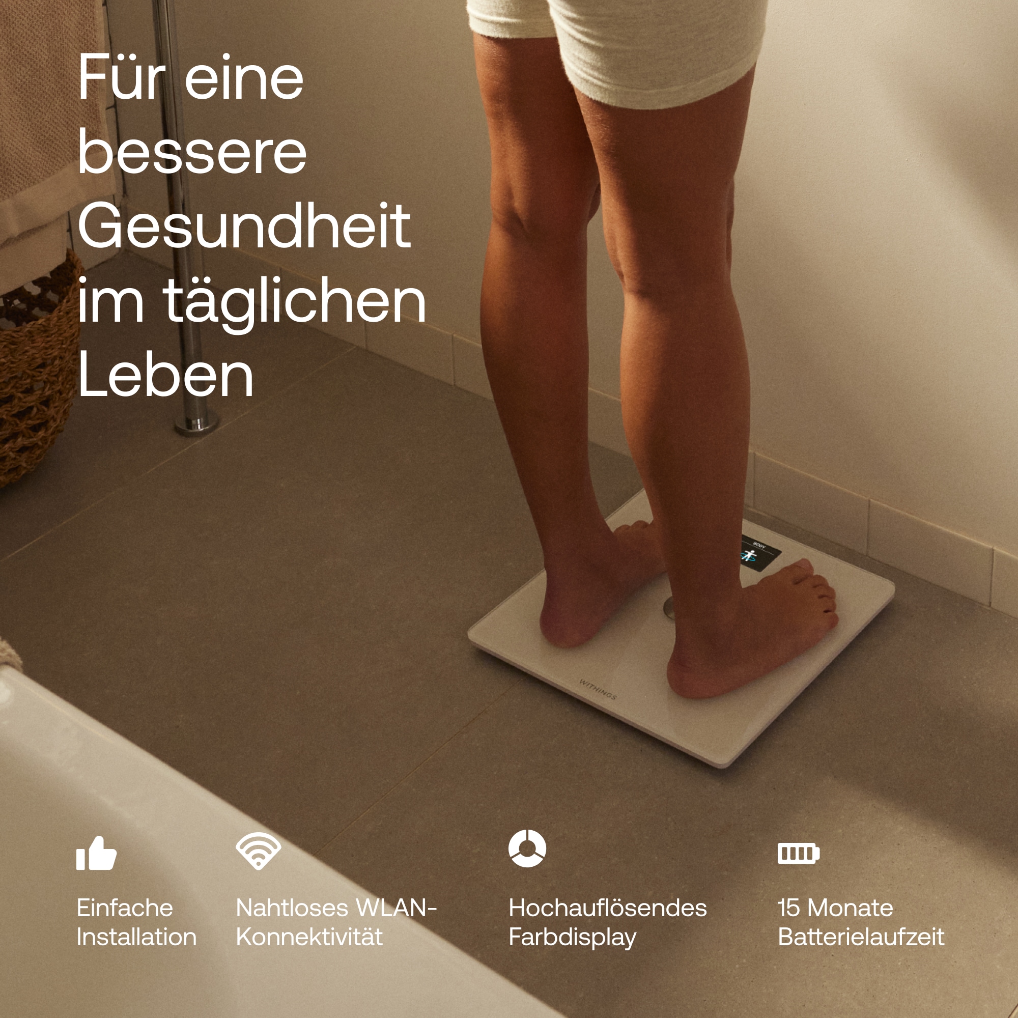 Withings Personenwaage »Body Smart, einschließlich Körperfett-/Muskelmasse«, automatische Erkennung und Verfolgung von bis zu 8 Benutzern