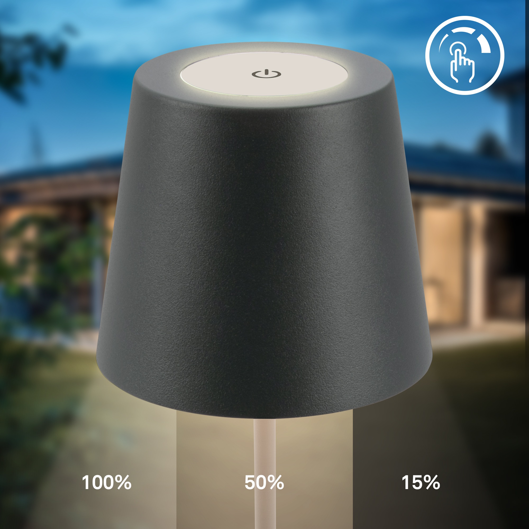 B.K.Licht Außen-Tischleuchte »BK_TL1593 Akku LED Tischlampe, 3-Stufen Touchdimmer, mit USB«, 1 flammig, Leuchtmittel LED-Modul | LED fest integriert, 2.700 K, 200 Lm, 2,5W, IP44, 12h Leuchtdauer, 36 x 10,5 cm, Anthrazit