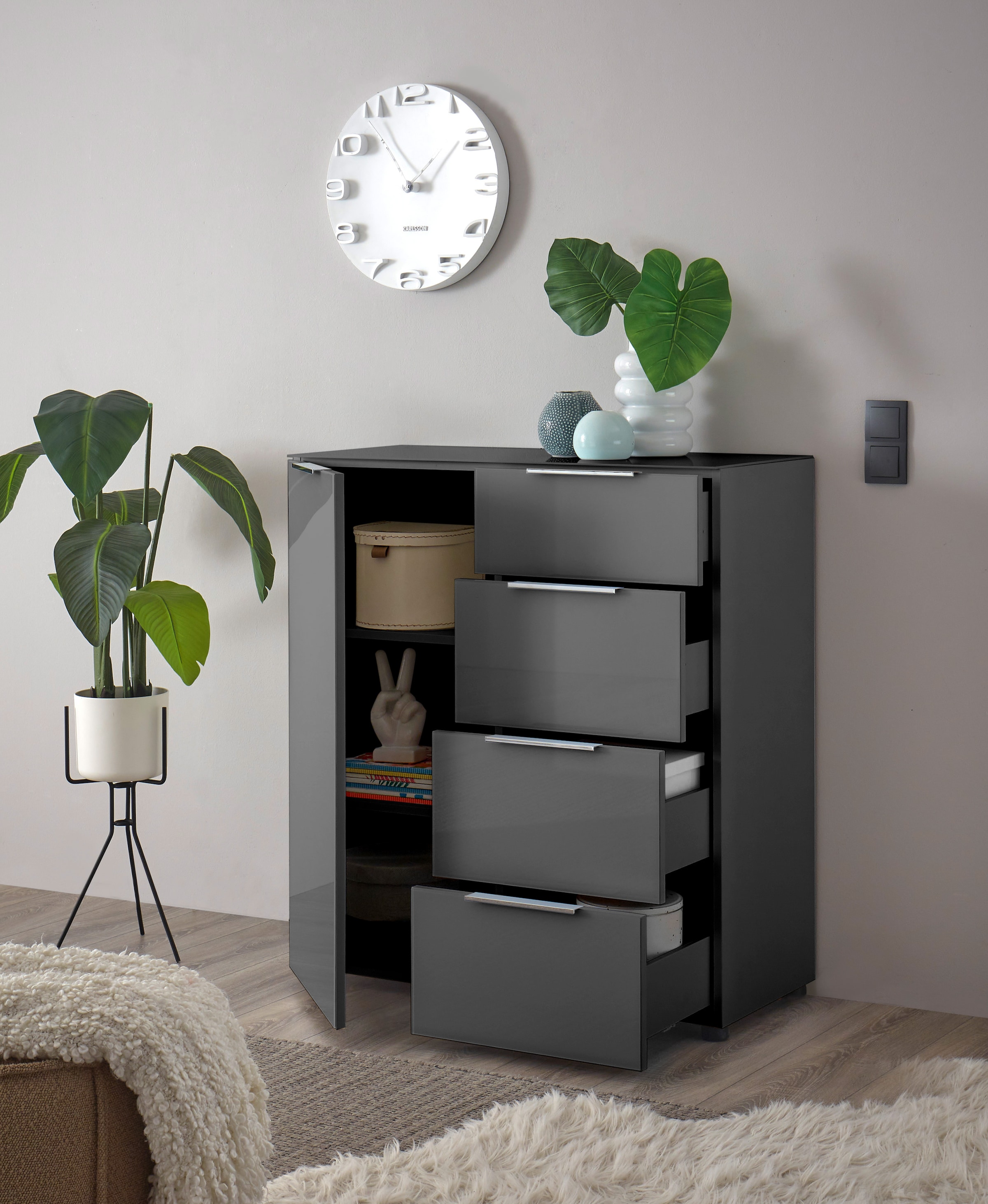 HBZ Sideboard »Santorin Mehrzweckschrank-Universalschrank, BxHxT 90x99x40 cm«, (1 St.), Mit 1 Tür und 4 Schubkästen mit Softclose, Glasfront und Glasoberboden