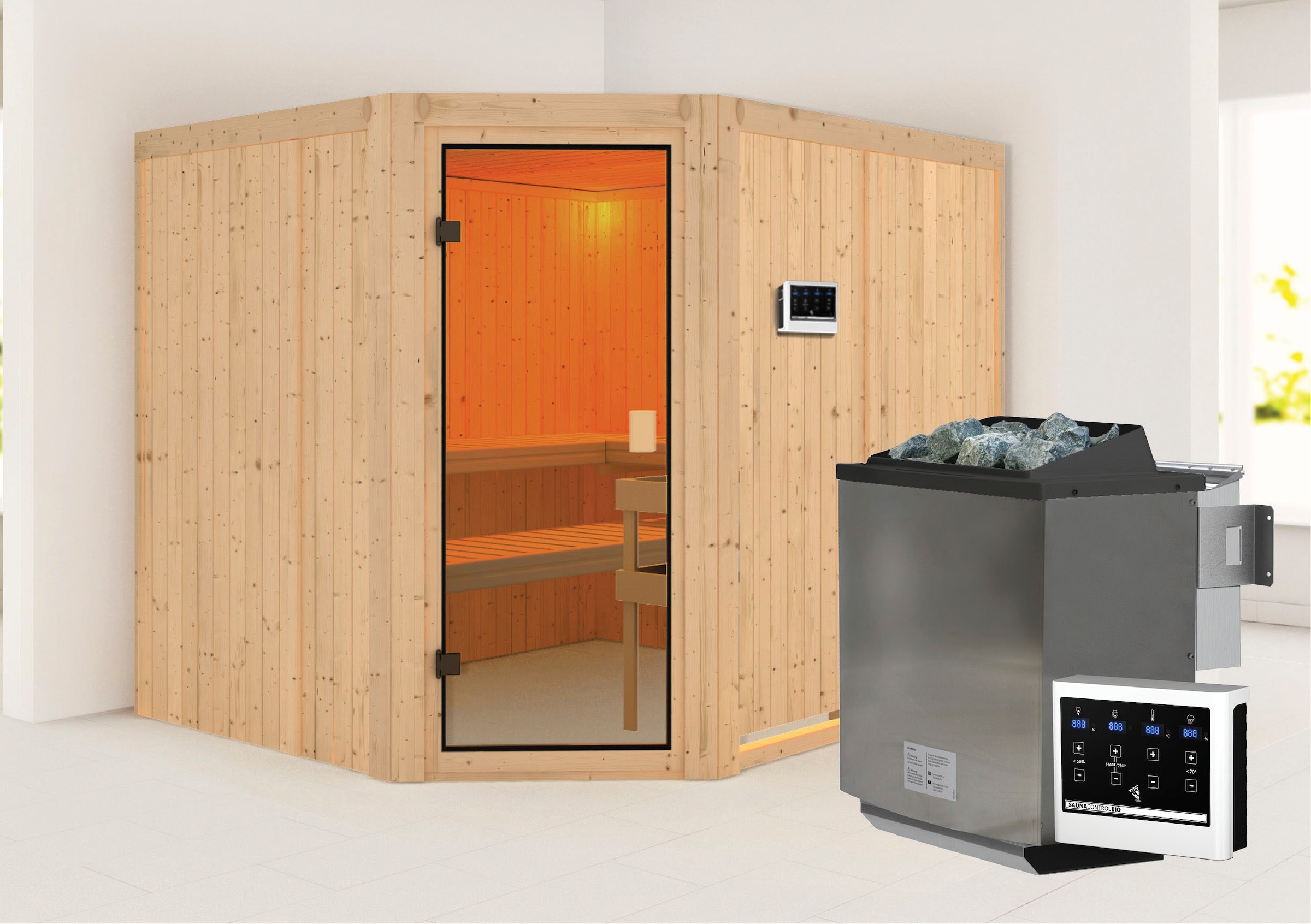 Sauna »"Homa " mit bronzierter Tür und Ofen 9 kW Bio mit ext. Strg.«, mit integrierter...